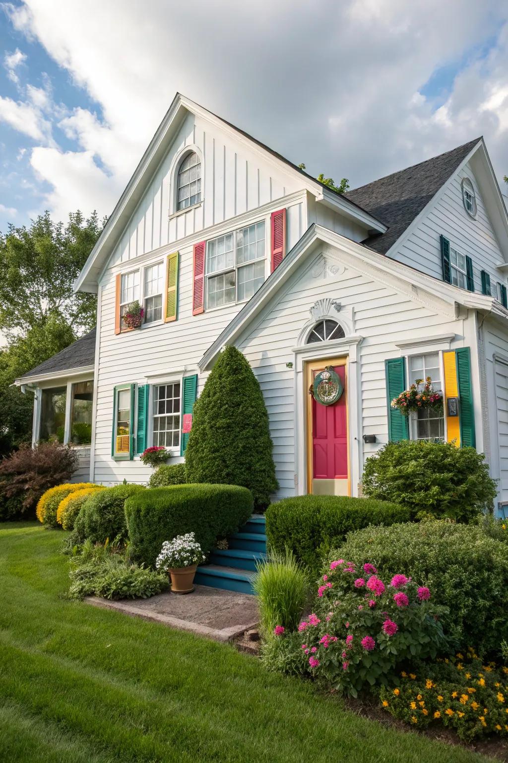 A house with white vinyl siding featuring surprising pops of color.