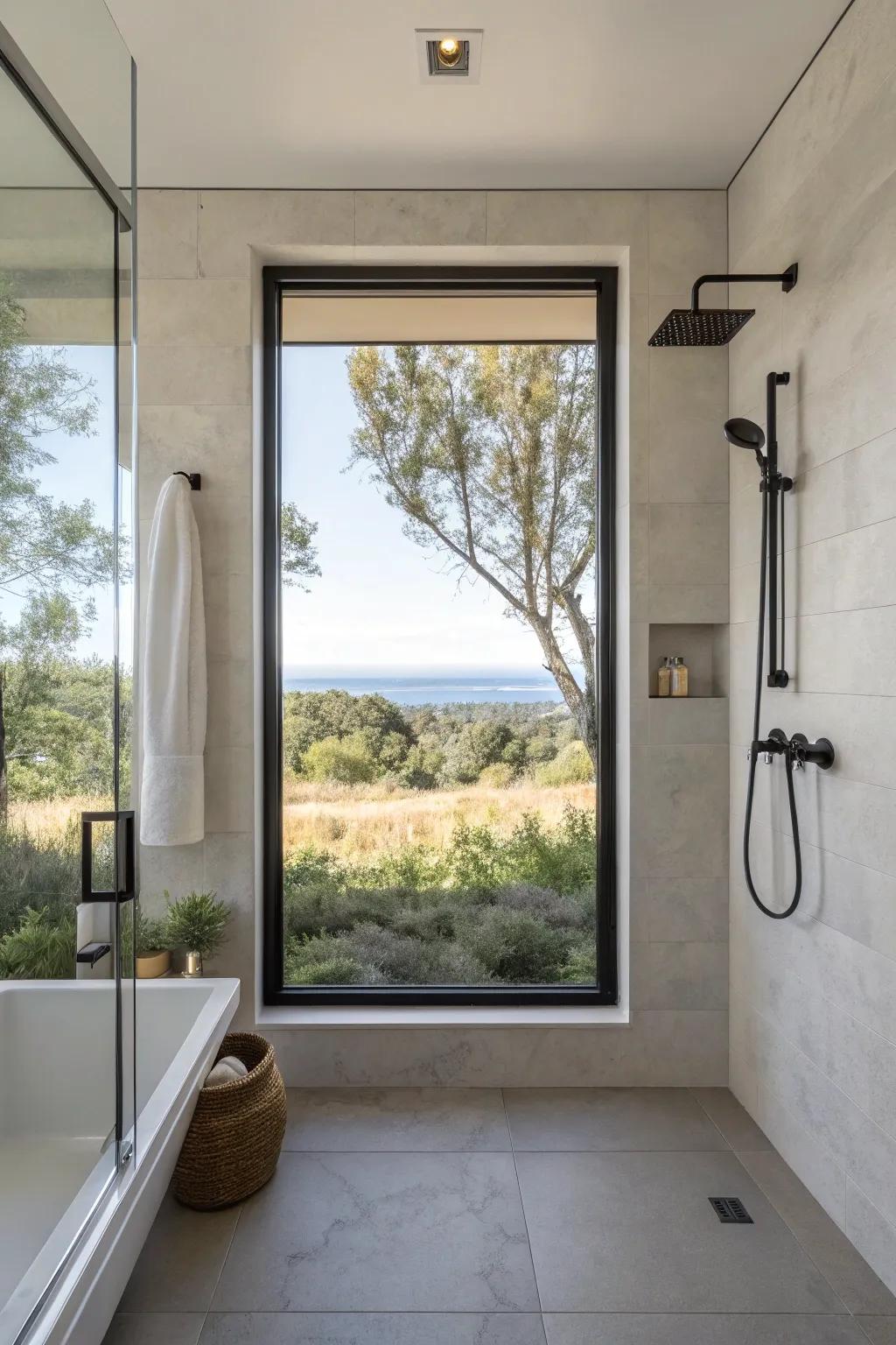 Minimalist frames highlight the view from the shower window.