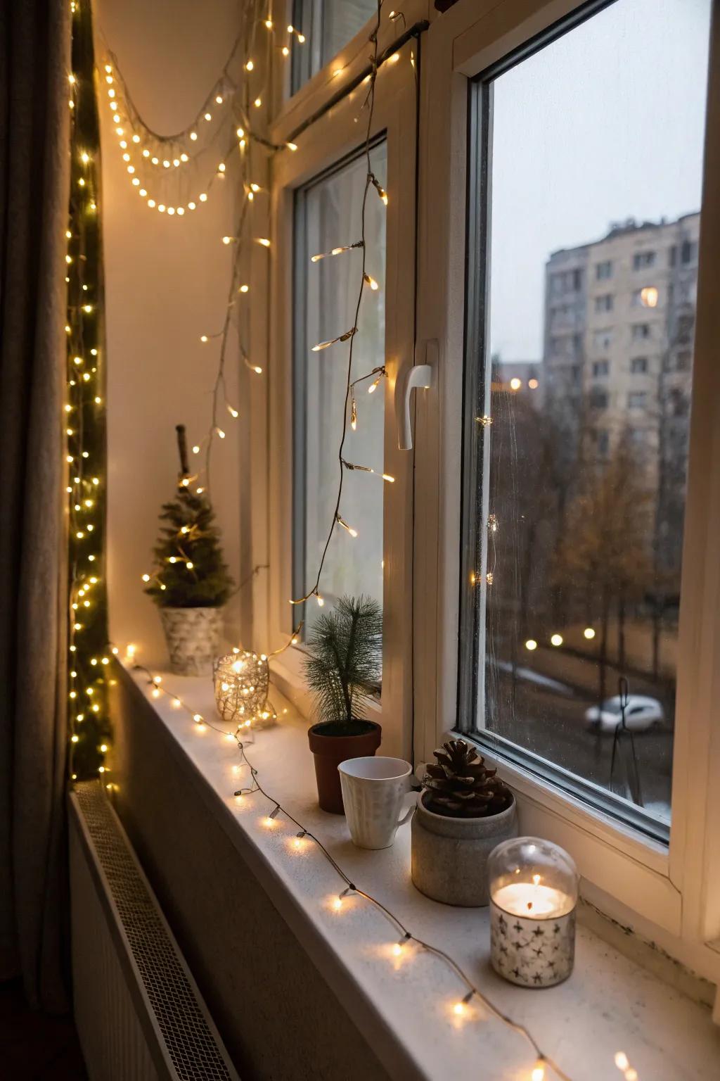 Fairy lights add a playful glow to this window sill.