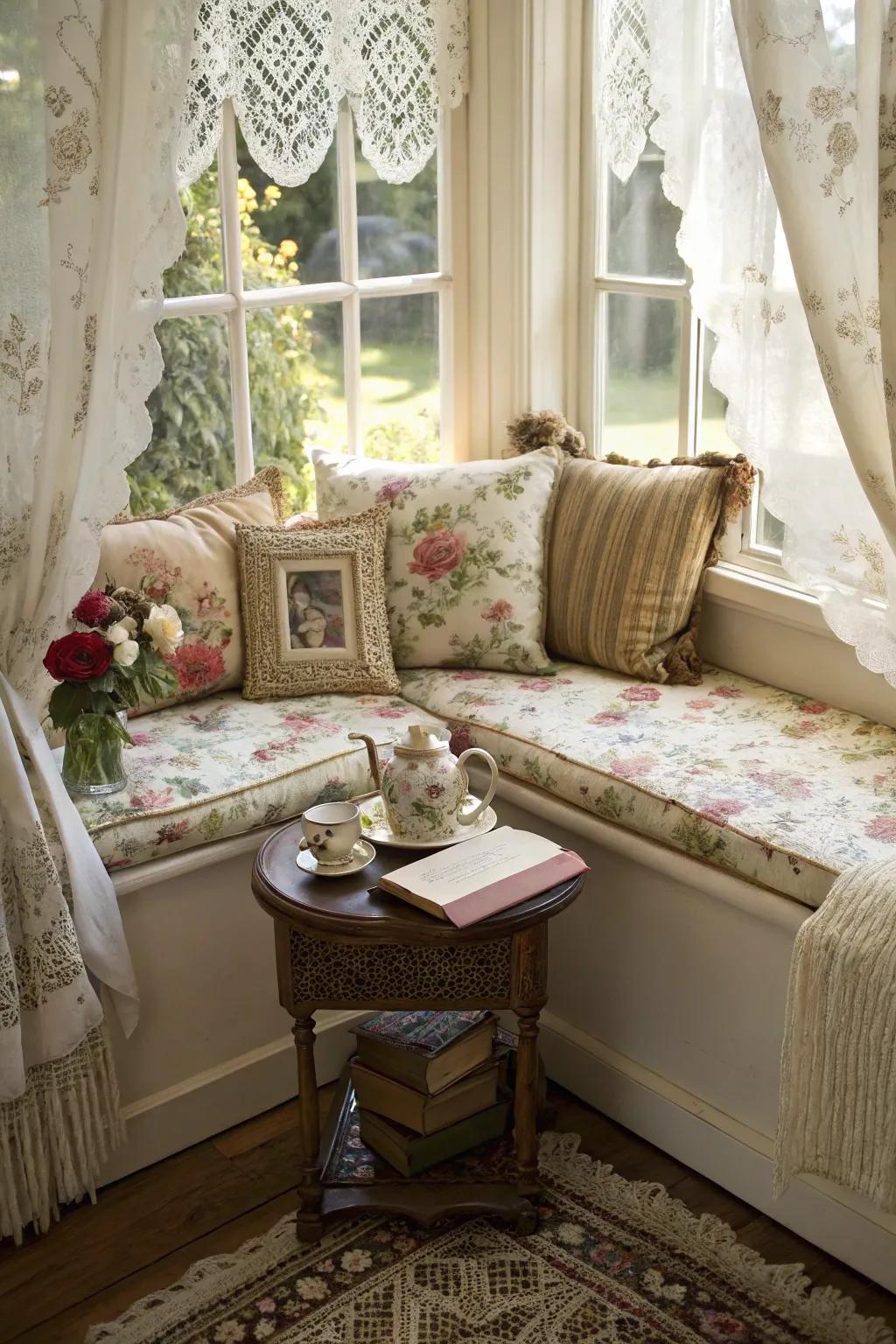 Vintage elements bring timeless charm to your window nook.