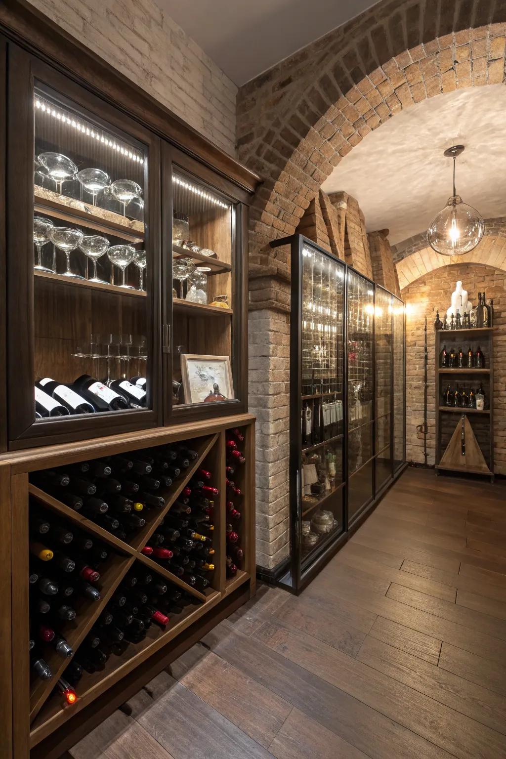 Wine cellar with integrated storage solutions for glassware.