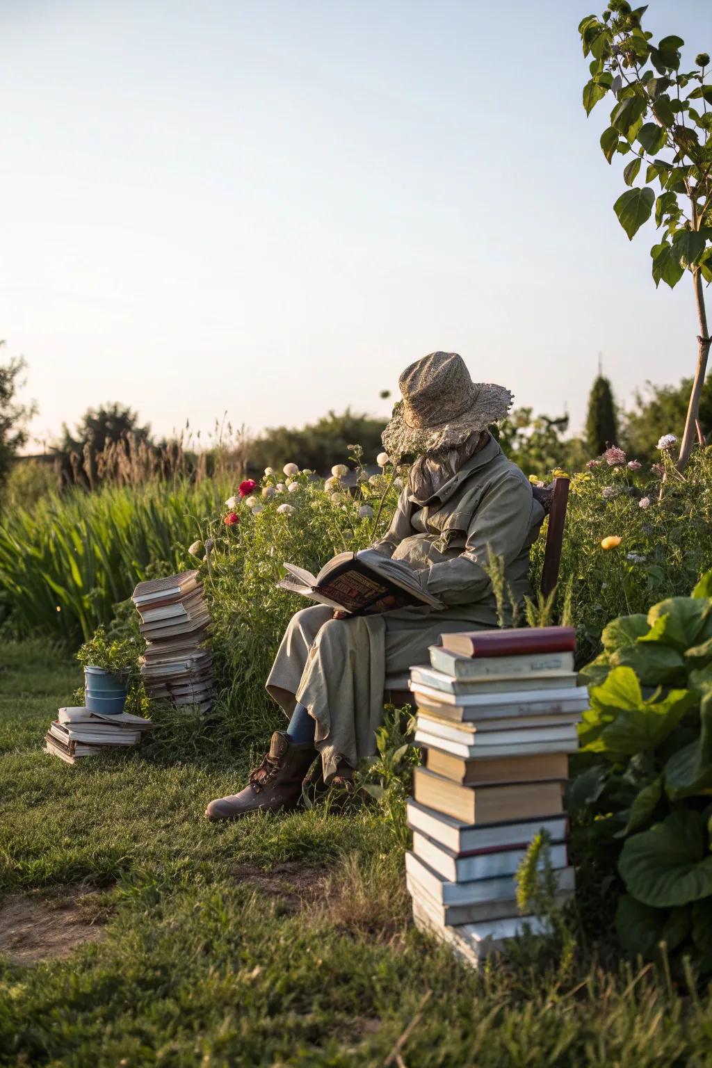 A bookworm scarecrow enjoying a literary escape.