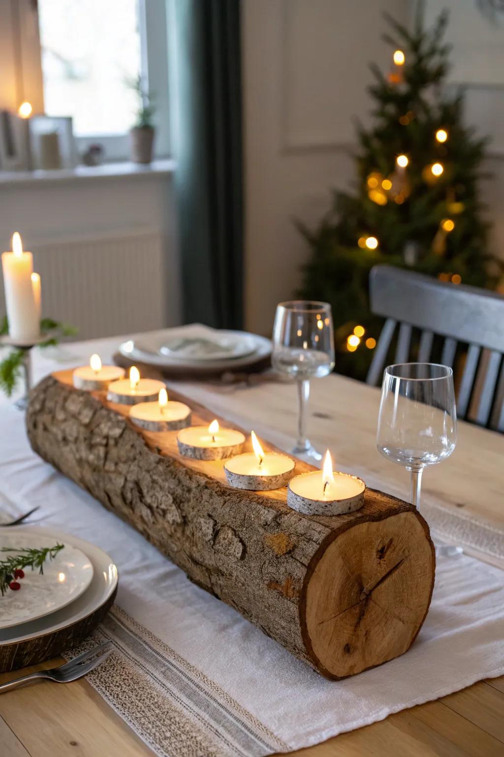 Rustic warmth with a wooden log candle holder.