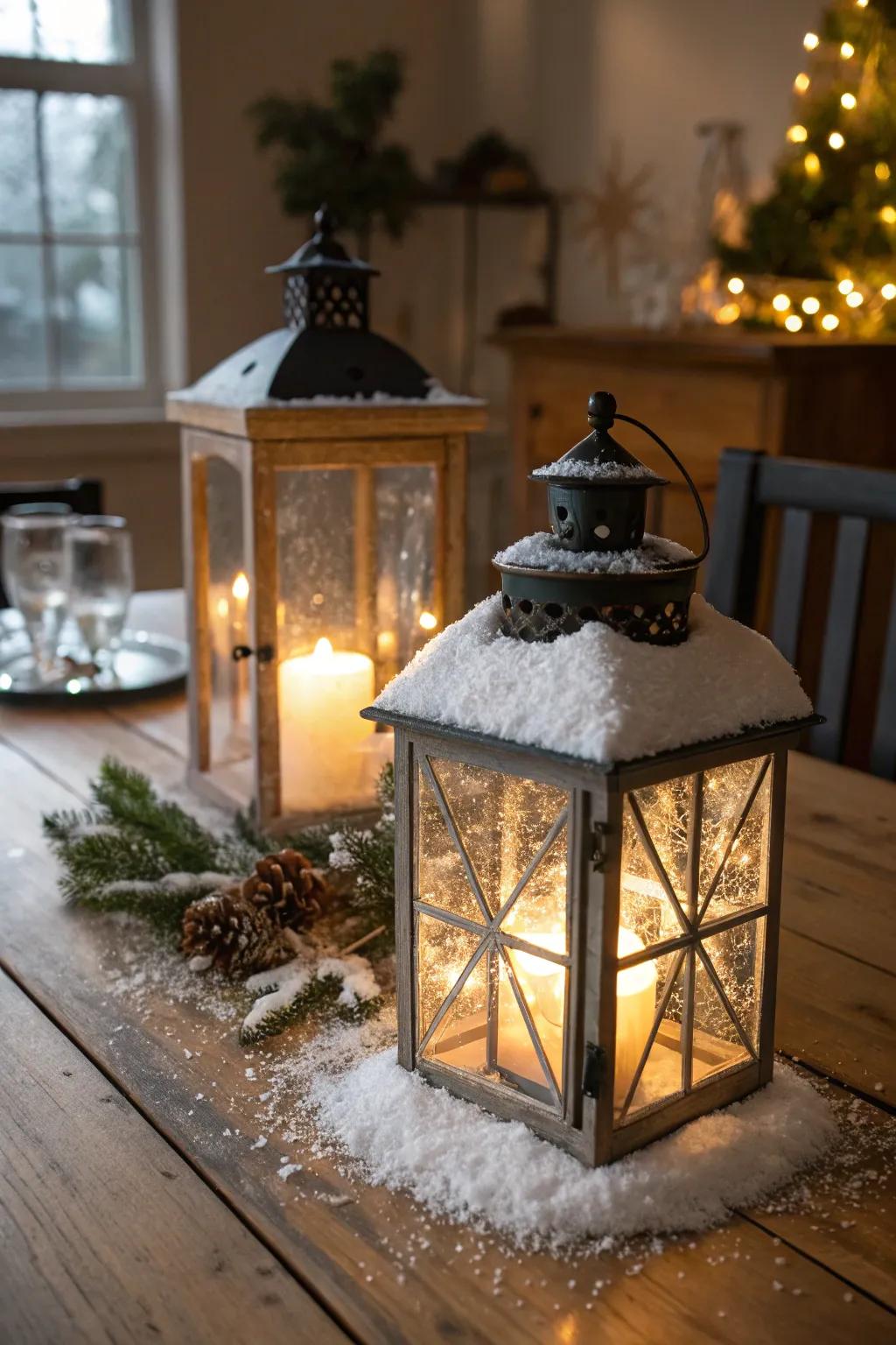 Snow-covered lanterns add a magical glow to your decor.