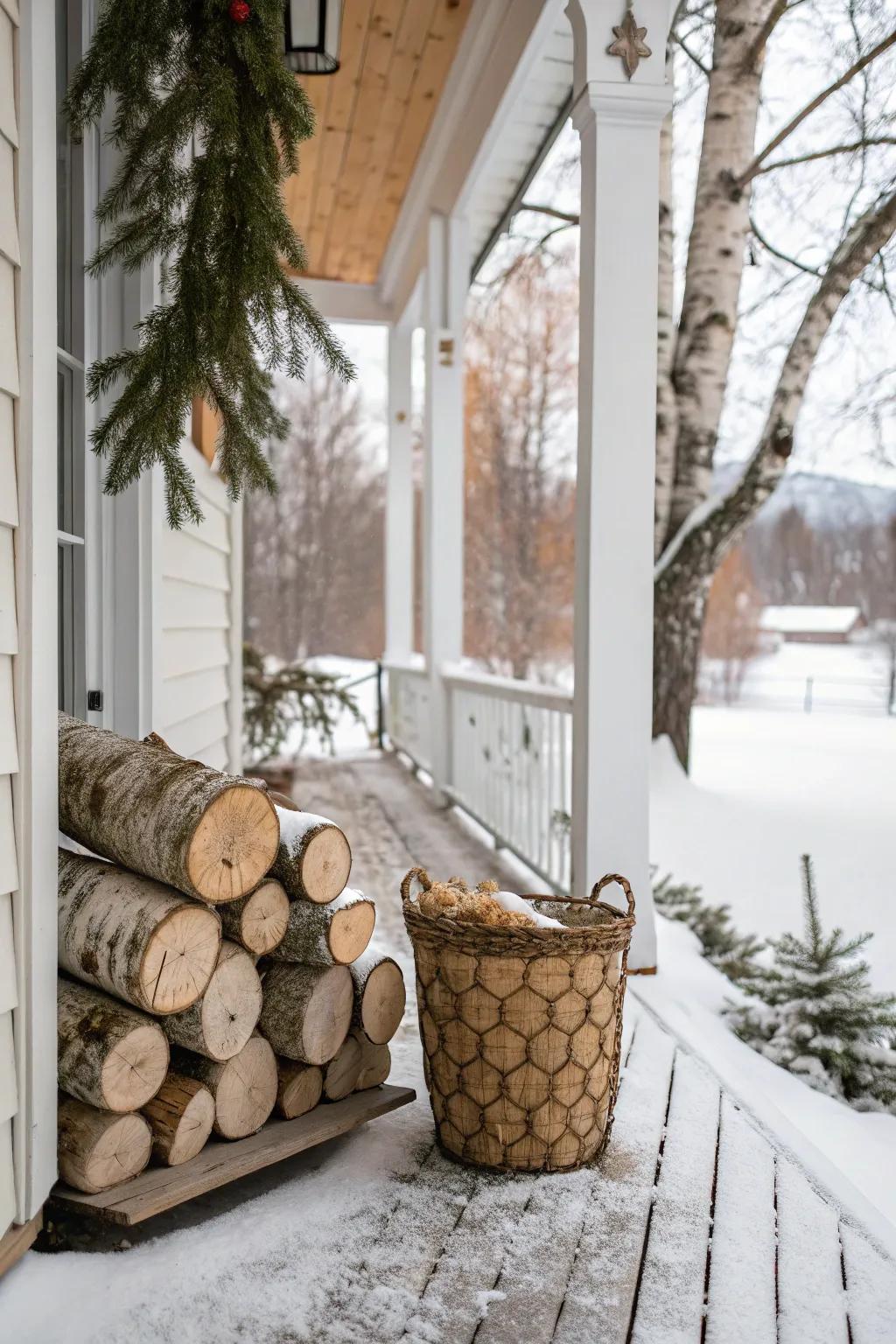 Stacked birch logs add rustic charm to this winter porch.