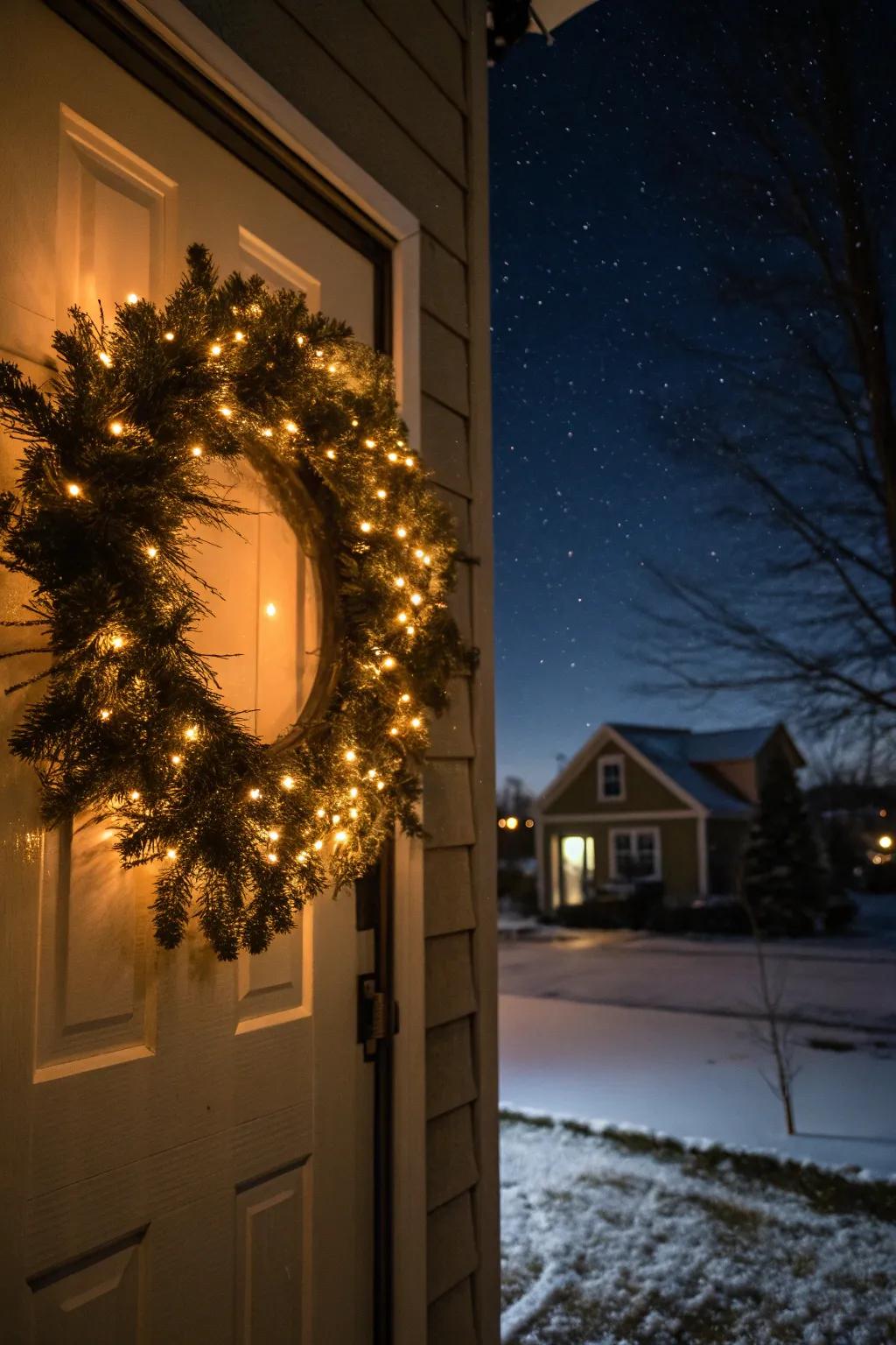 Twinkling lights bring warmth and magic to this winter wreath.