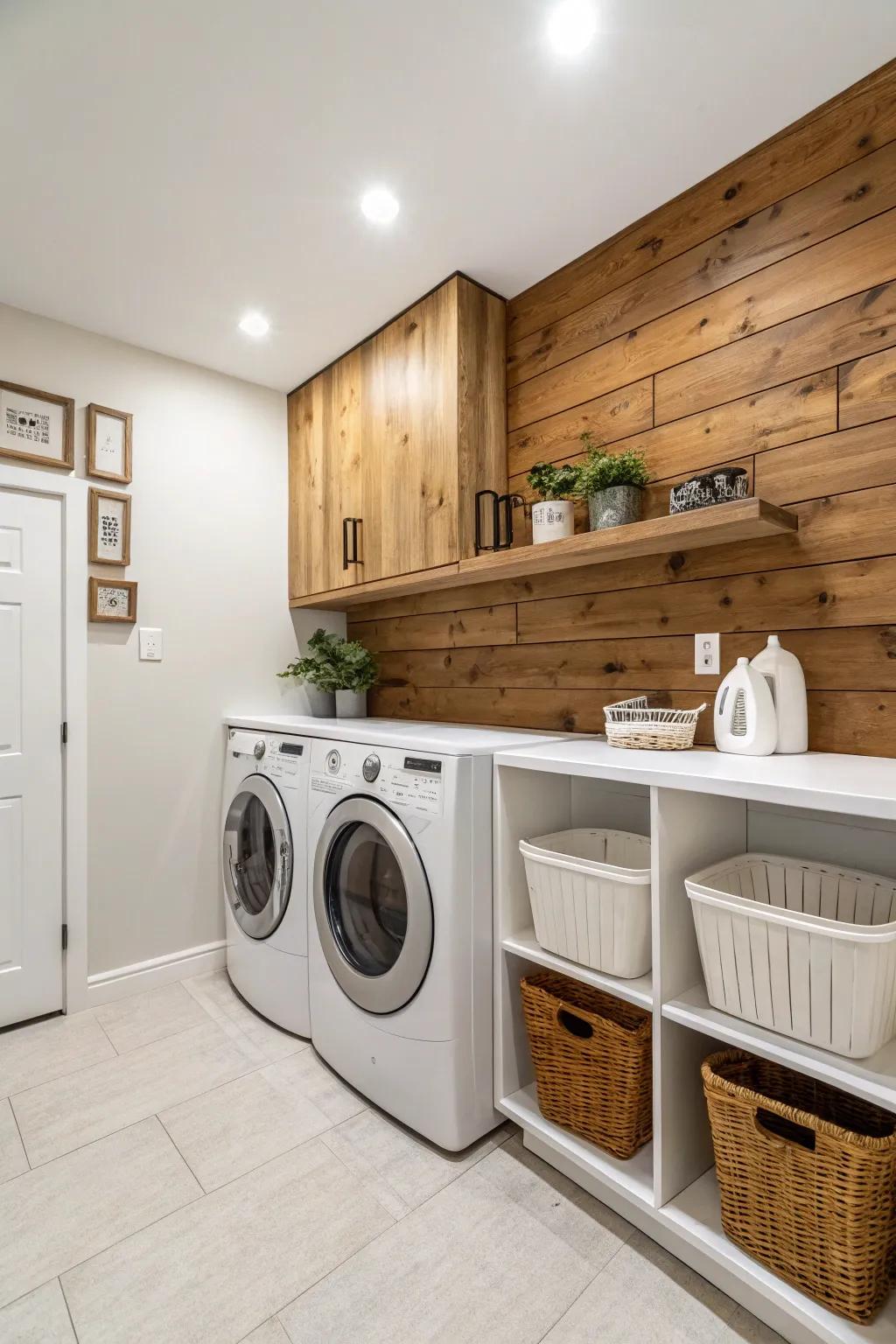 A laundry room elevated by a stylish wood accent wall.