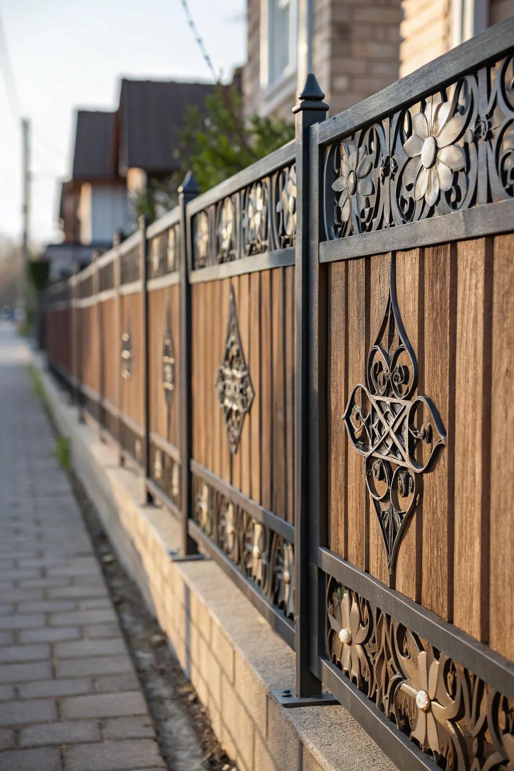 A personalized fence with decorative metal inserts and wood panels.