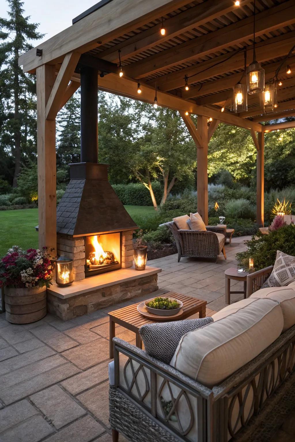 An outdoor retreat with a cozy patio fireplace.