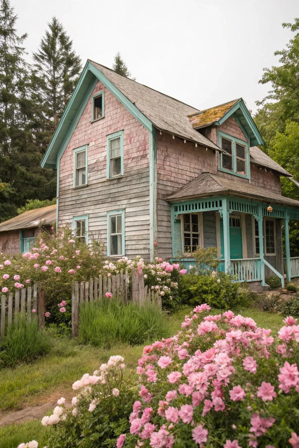 A wooden house that revives vintage charm with its nostalgic color palette.