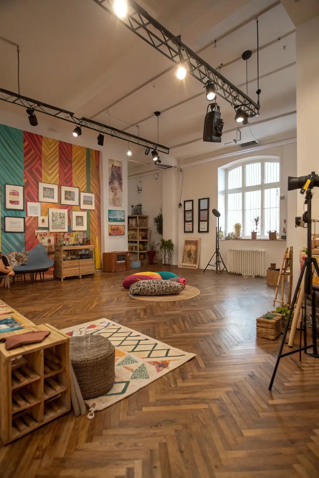 A creative studio showcasing a custom wood pattern floor that reflects personal style.