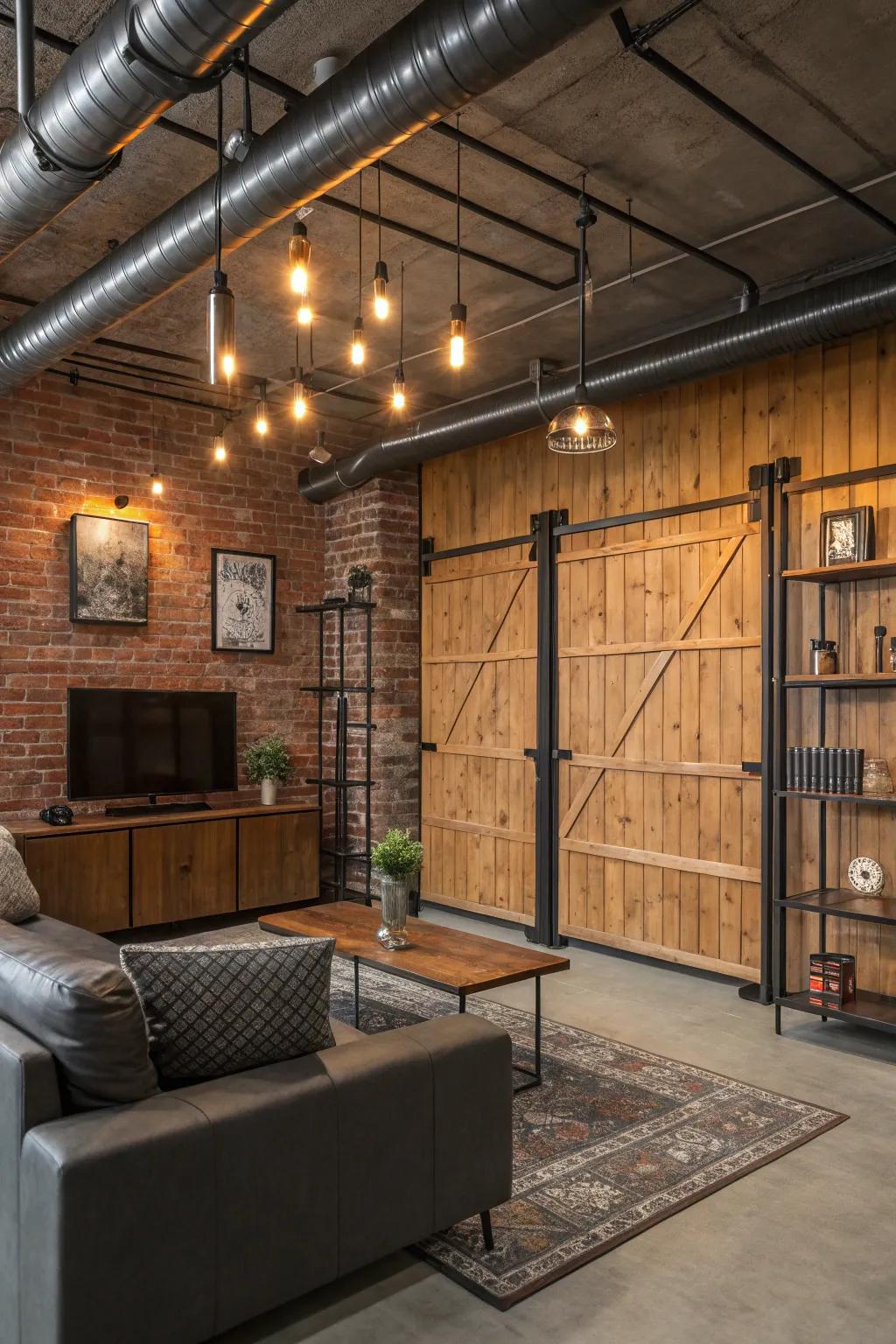 A living room blending wood panels with industrial elements.