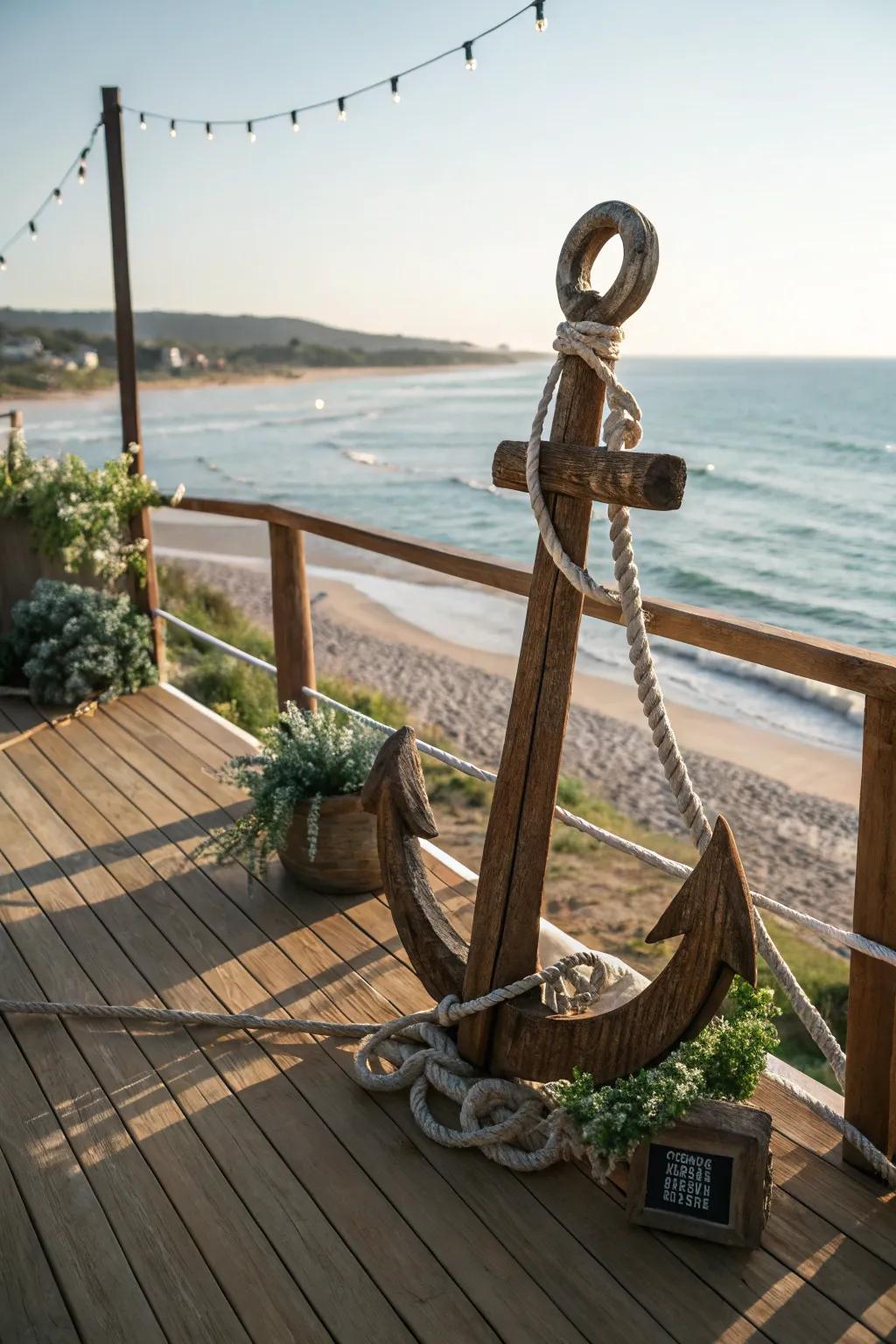 Wooden anchor with nautical rope details