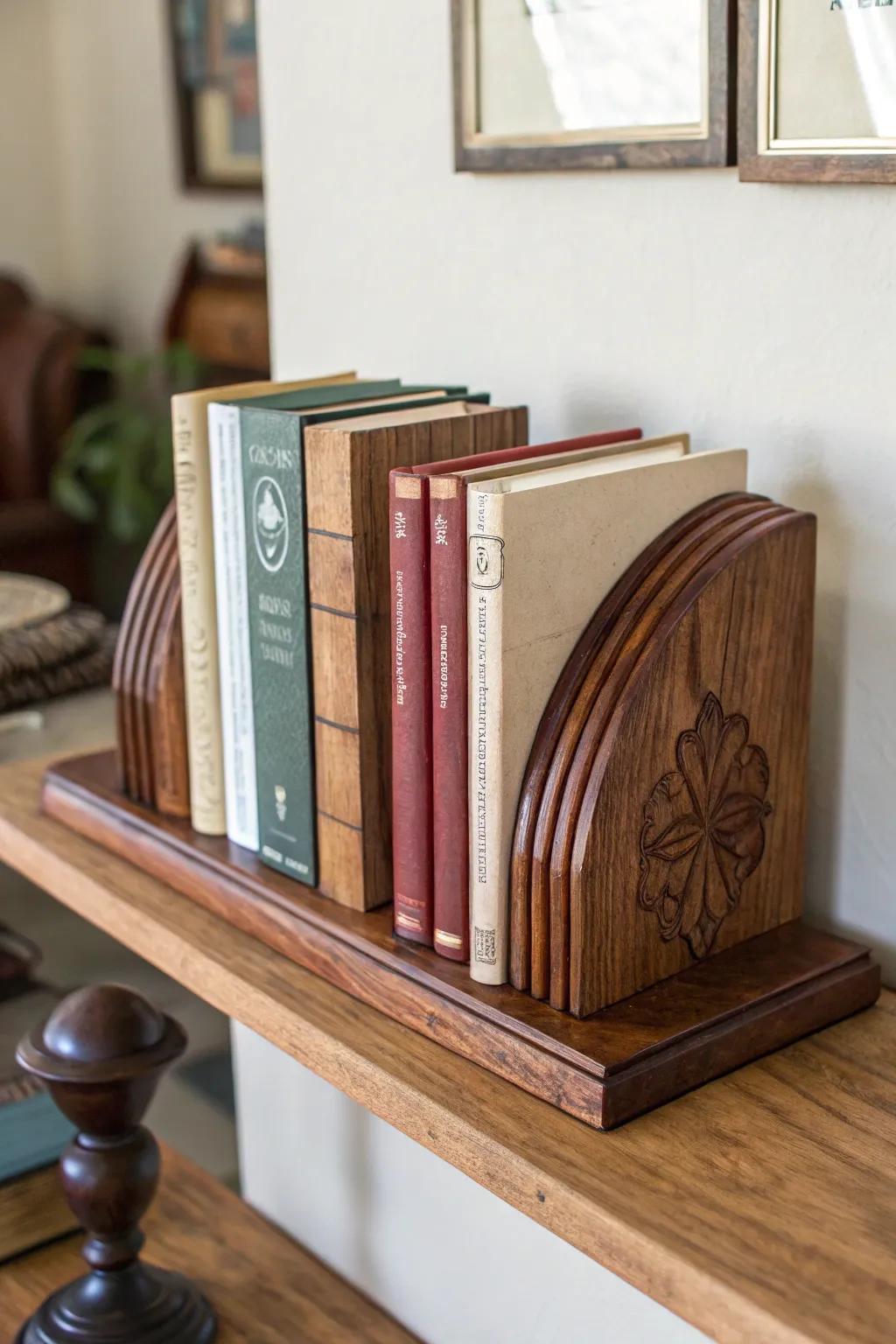 Wooden bookends that add a personal touch to a book collection.