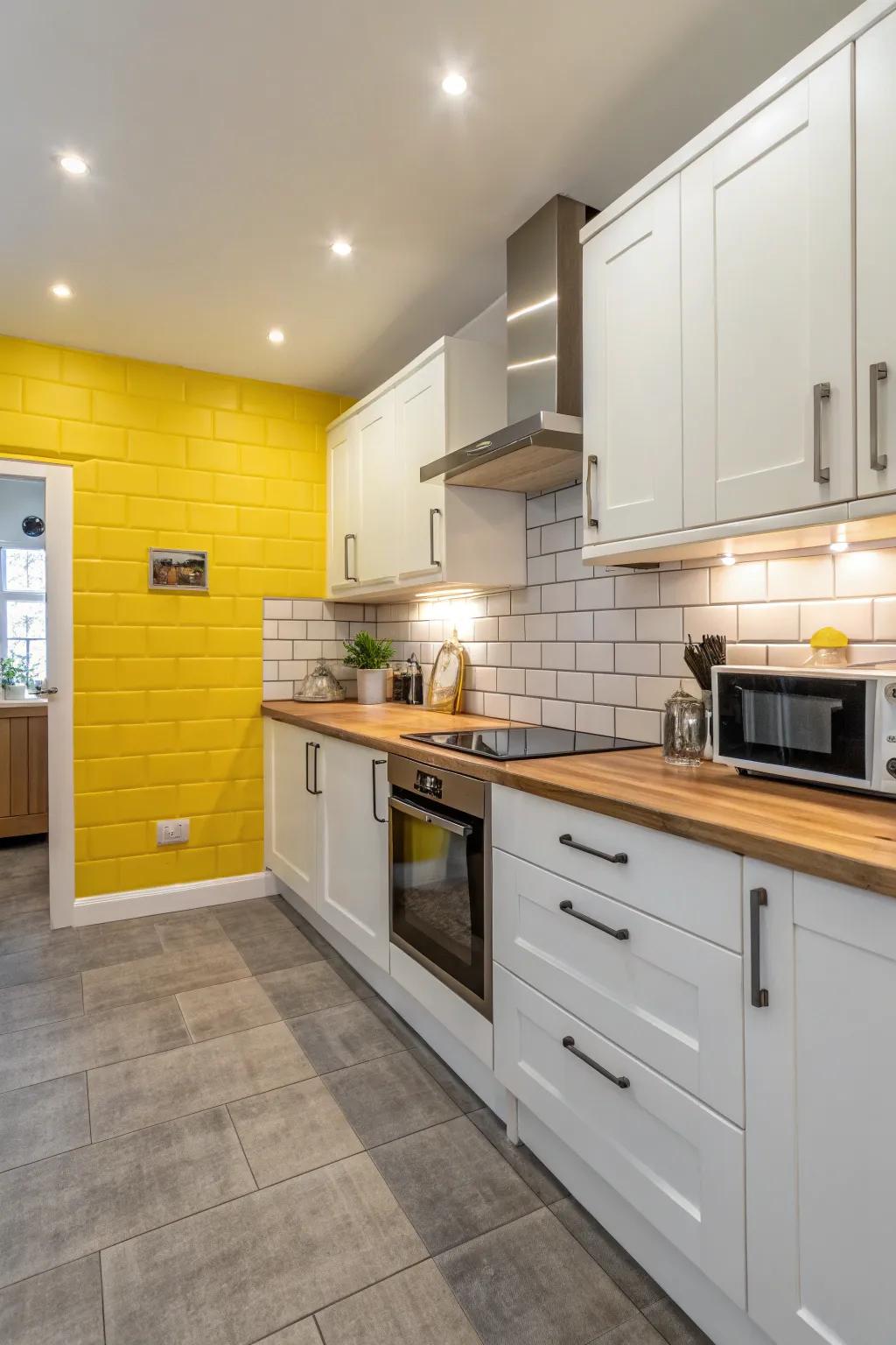 A yellow accent wall serves as a vibrant focal point in the kitchen.