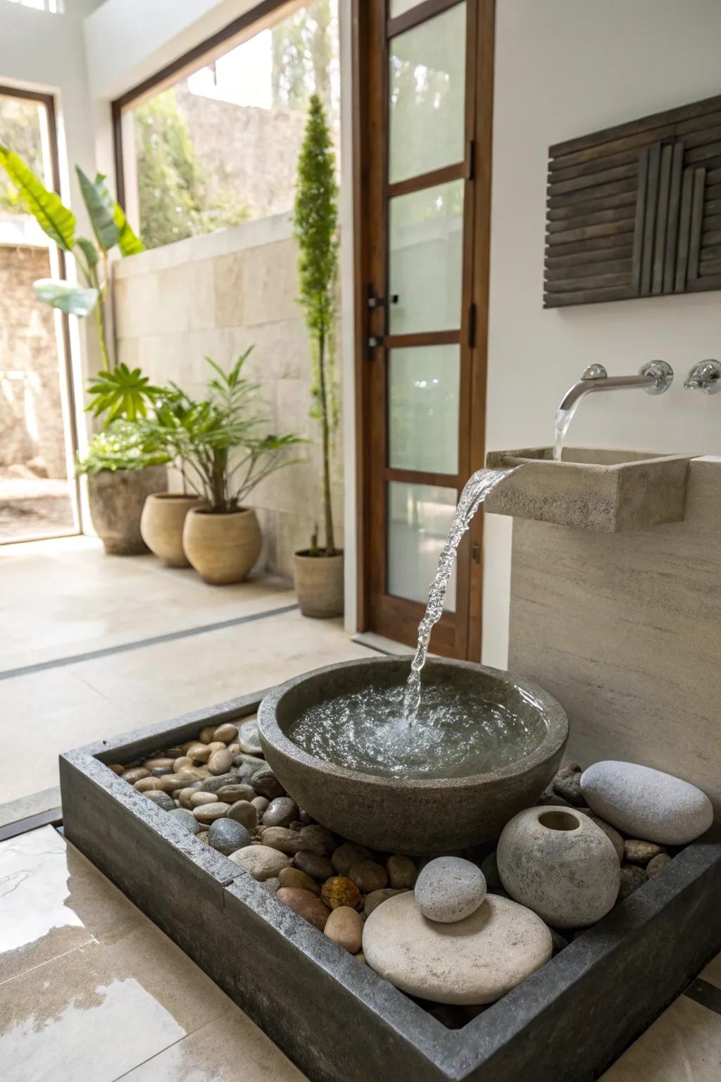 A water feature introduces soothing sounds to a zen bathroom.