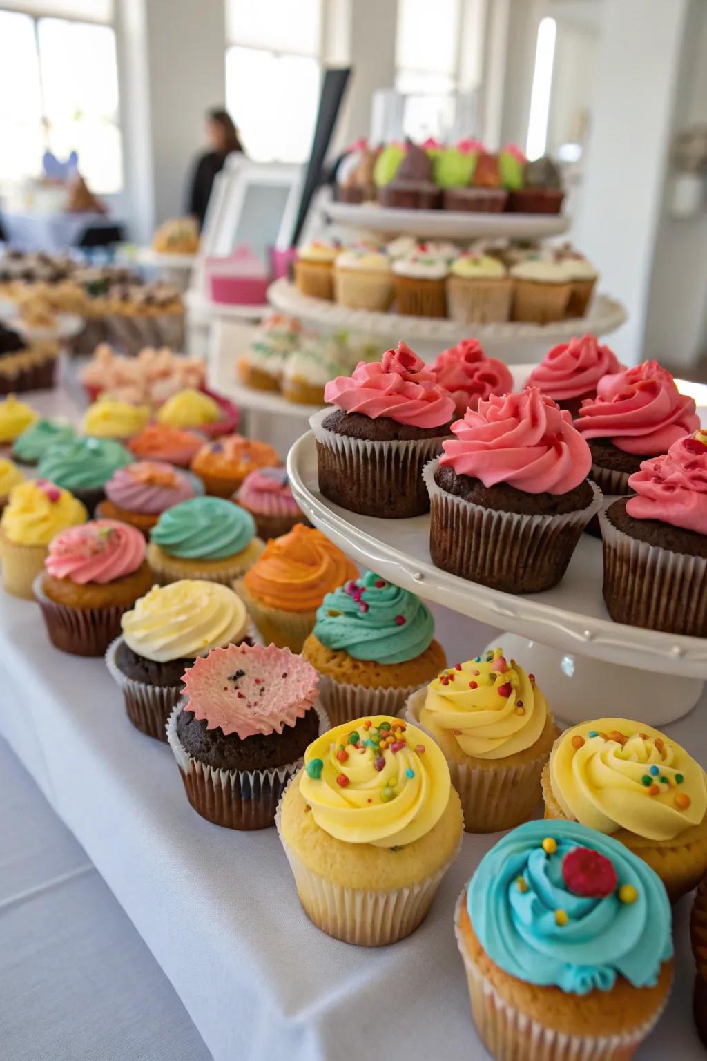 A DIY cupcake decoration station full of colorful toppings.