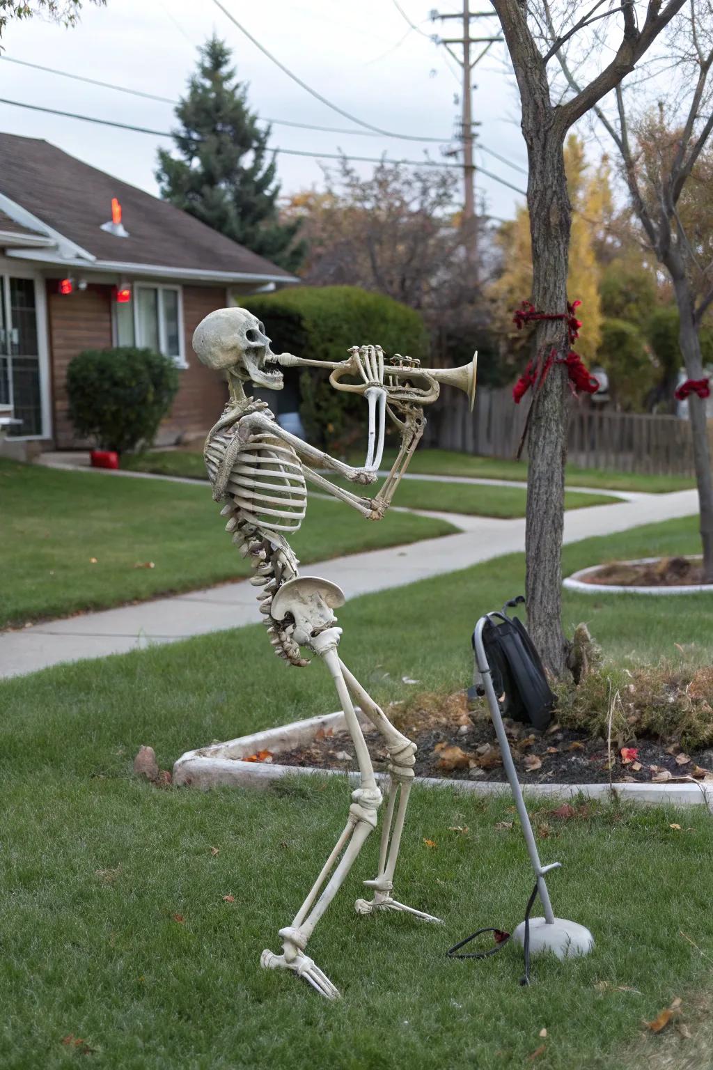 A musical skeleton adds rhythm to the Halloween scene.