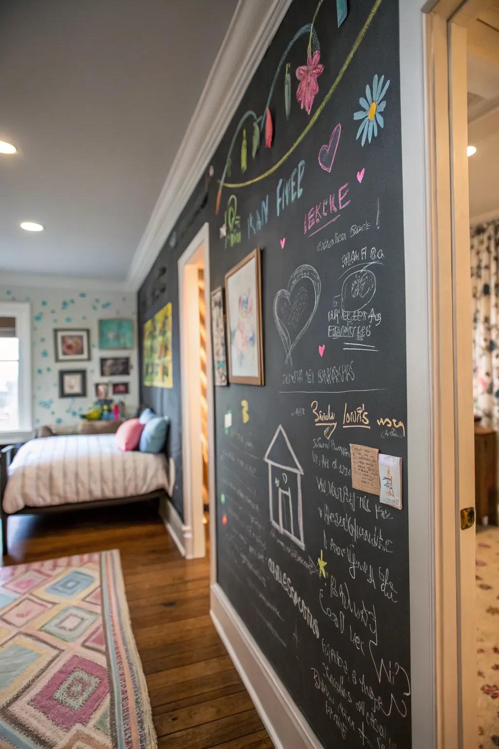 A chalkboard wall offers a creative and interactive space.