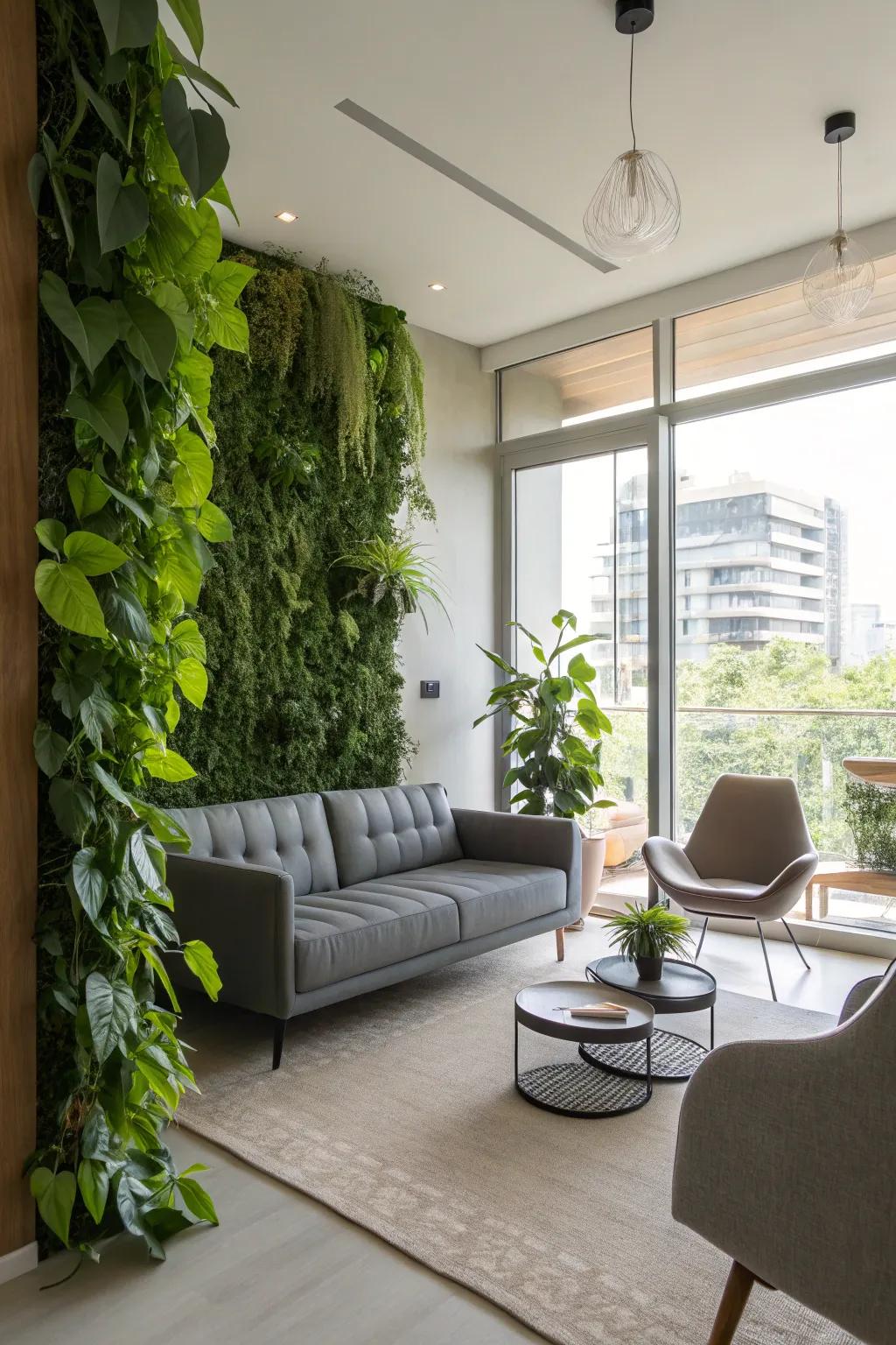 Vertical garden for a fresh, airy feel.