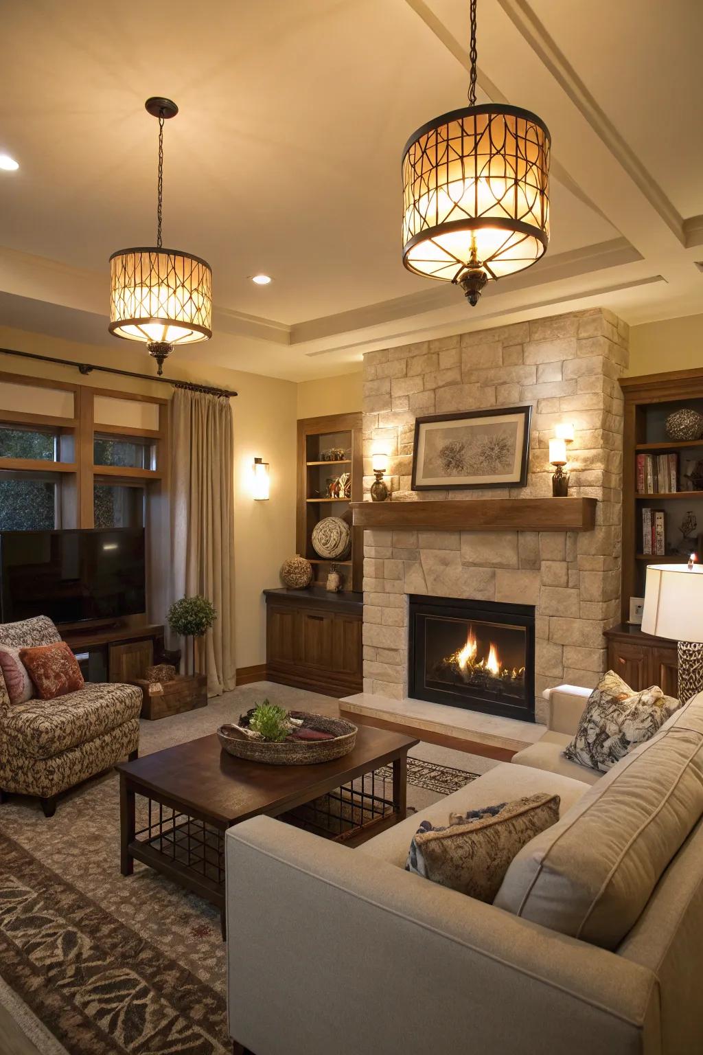 Contemporary lighting adds a modern touch and highlights the decor above the fireplace.