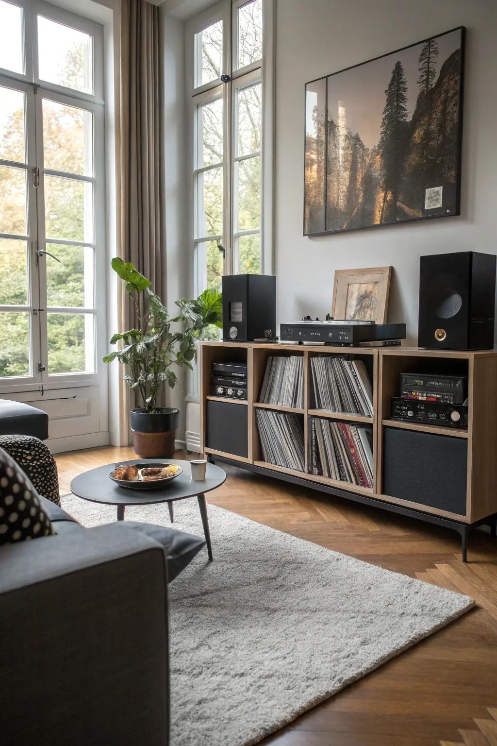 A modular storage system offering flexibility and style for vinyl record storage.