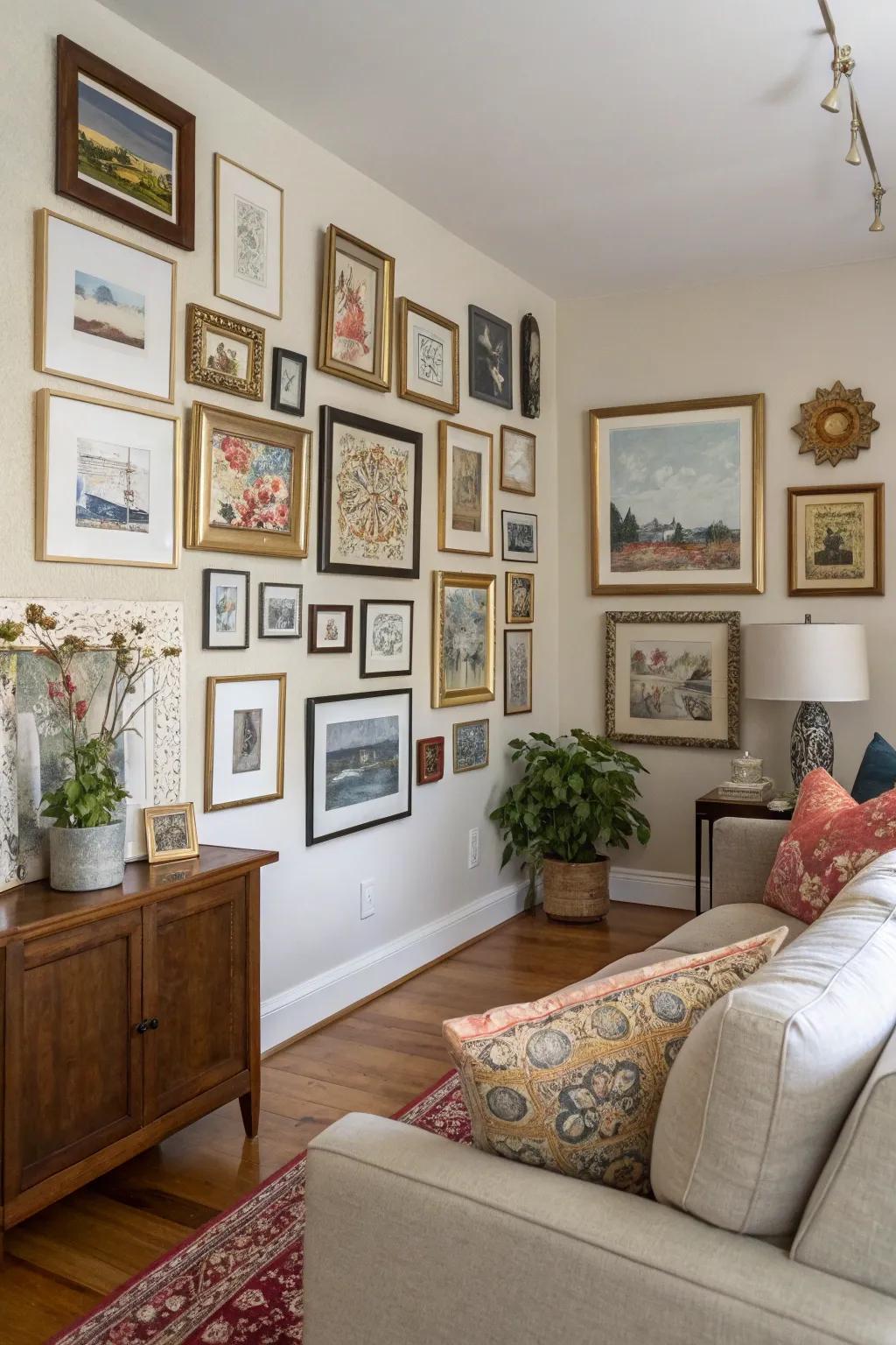 A vibrant gallery wall adds character and personal style to the living room.