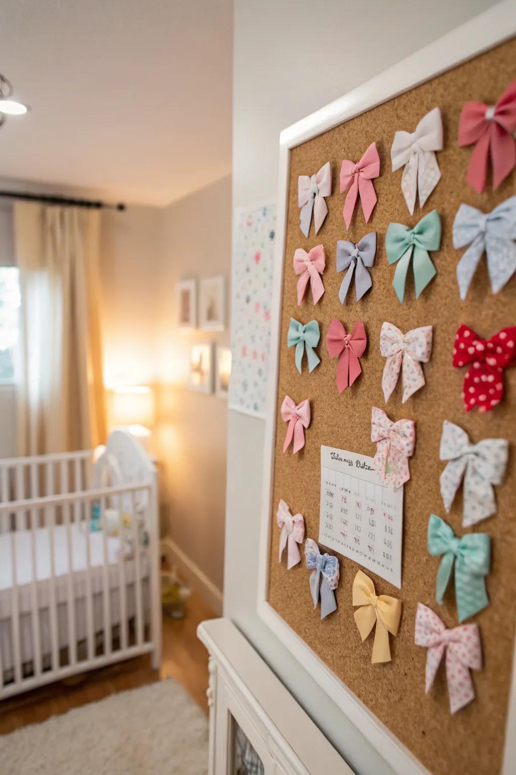 Casual corkboard display for organizing baby bows.
