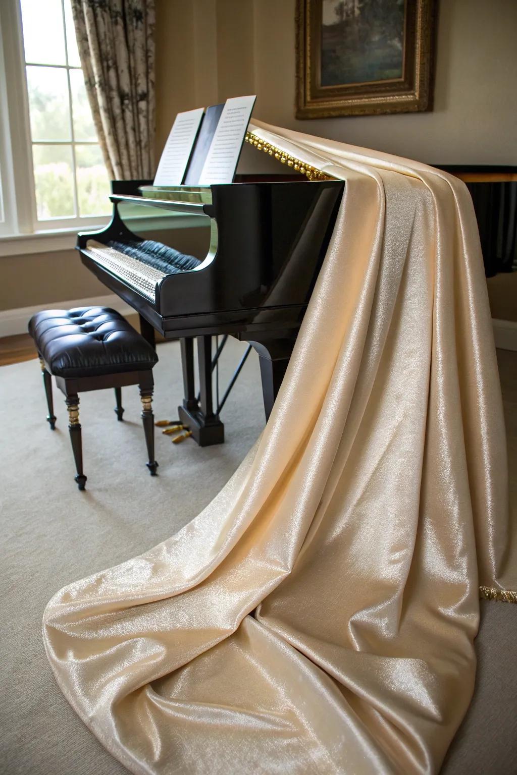 Textures like velvet add elegance to the piano area.