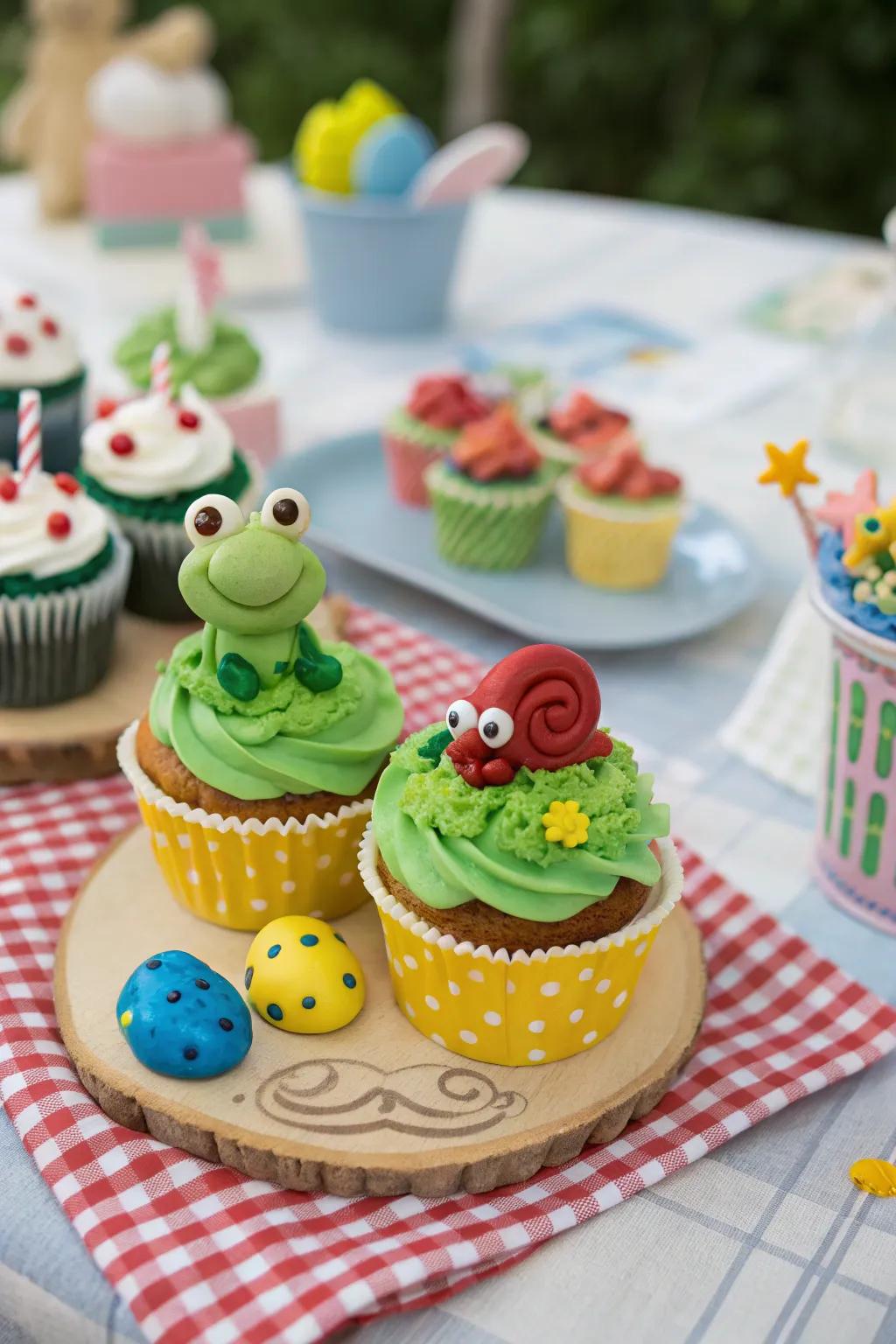 Frog and snail-topped cupcakes for a boyish charm.
