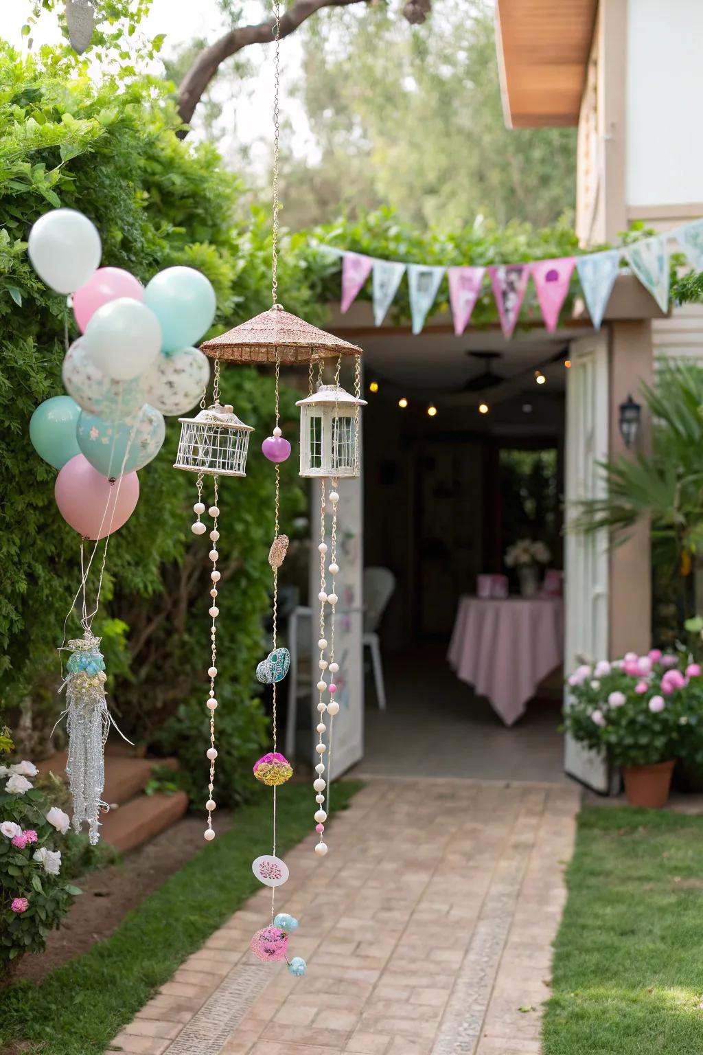 Whimsical wind chimes add a playful and peaceful touch to the entrance.