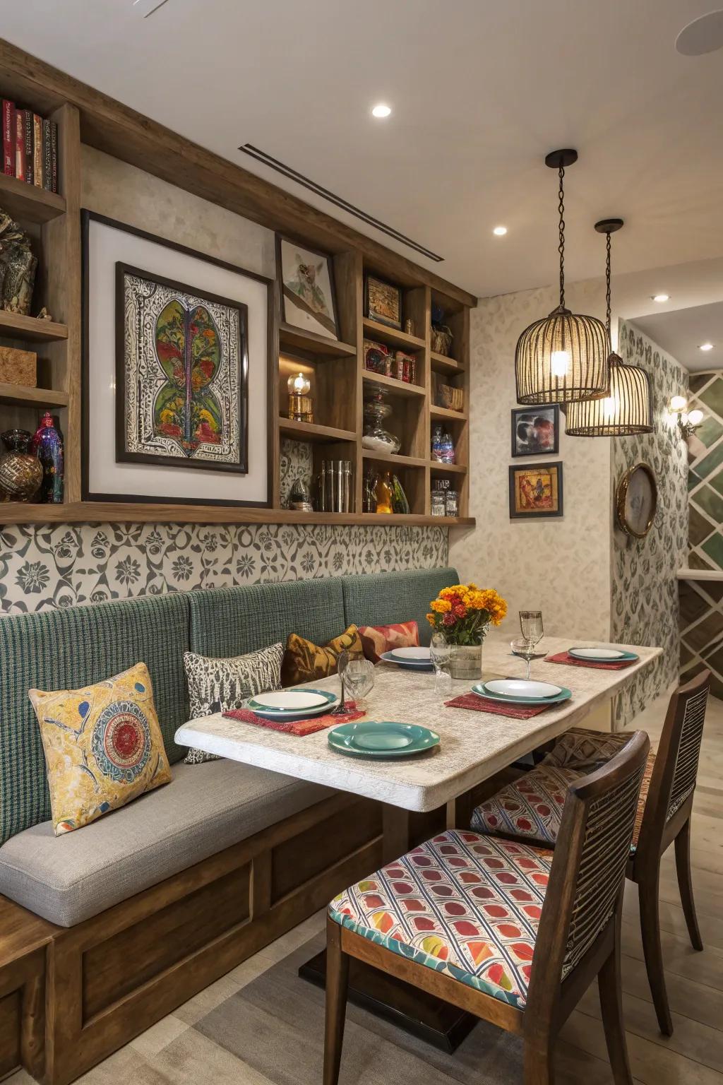 An eclectic dining room showcasing a mix of textures and patterns on banquette seating.