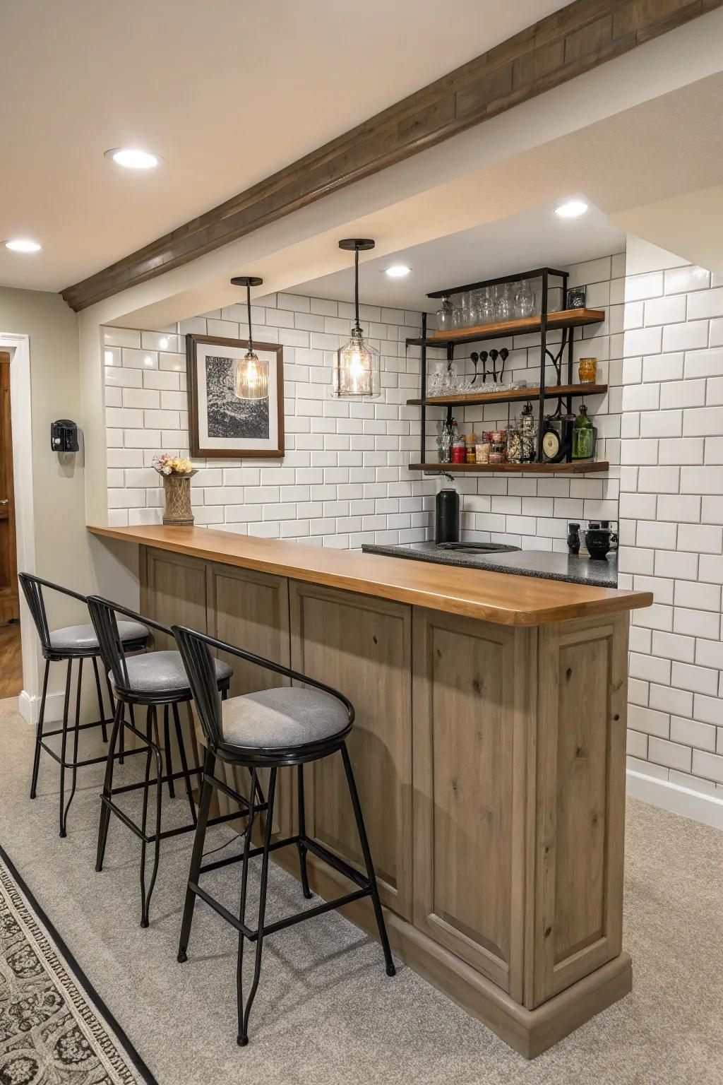 A home bar with a classic subway tile backsplash in neutral colors.