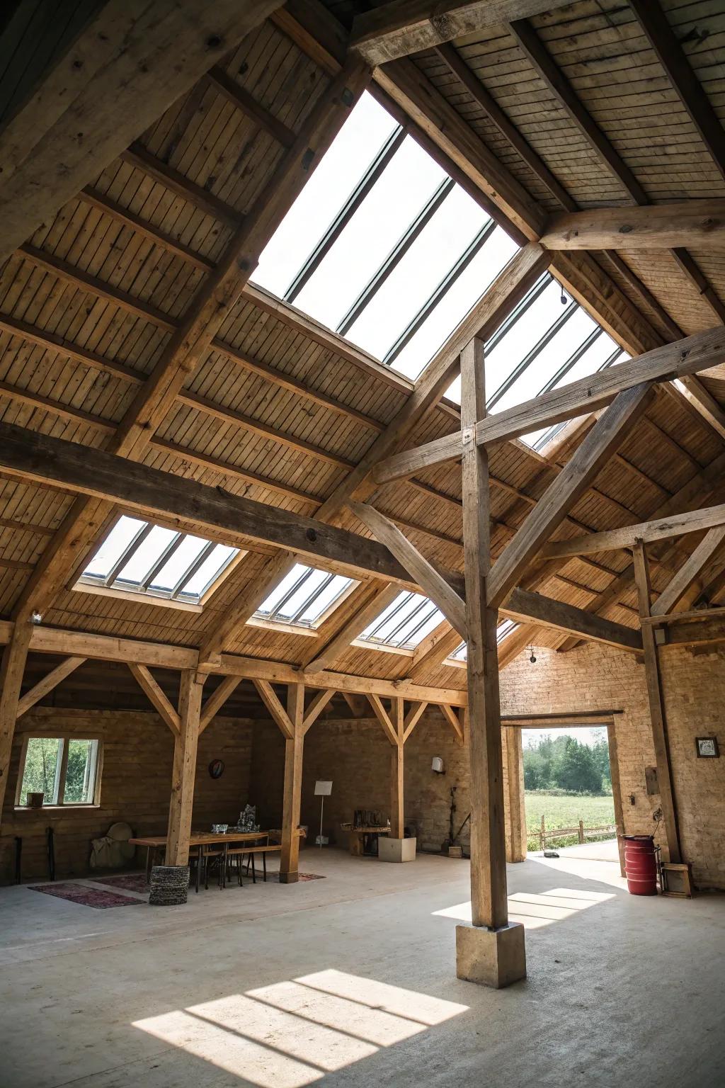Skylights enhancing natural light and highlighting wooden interiors.