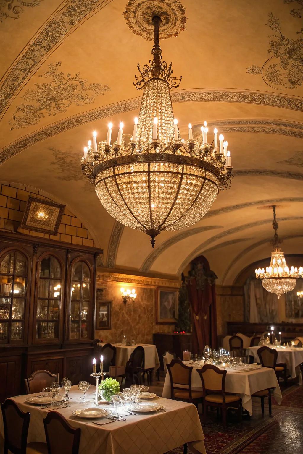 A vintage-inspired dining room with a glamorous barrel ceiling.