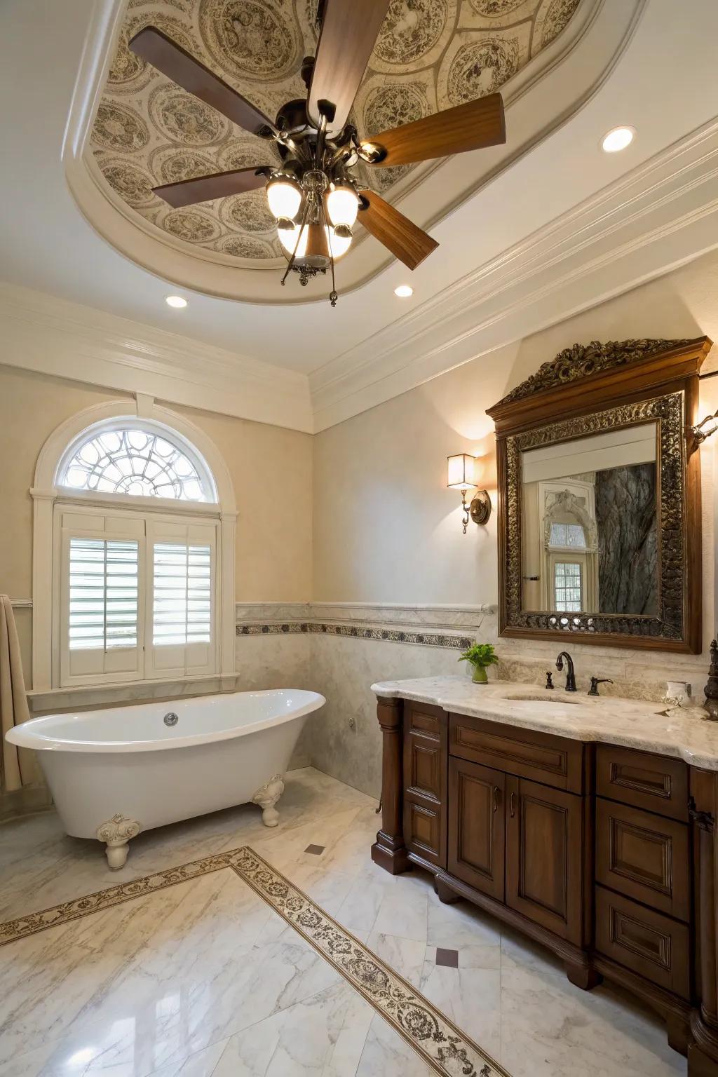 A traditional bathroom with an elegant ceiling fan design.