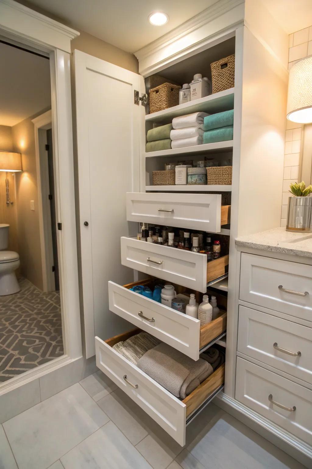 Pull-out shelves providing hidden storage in a bathroom closet.