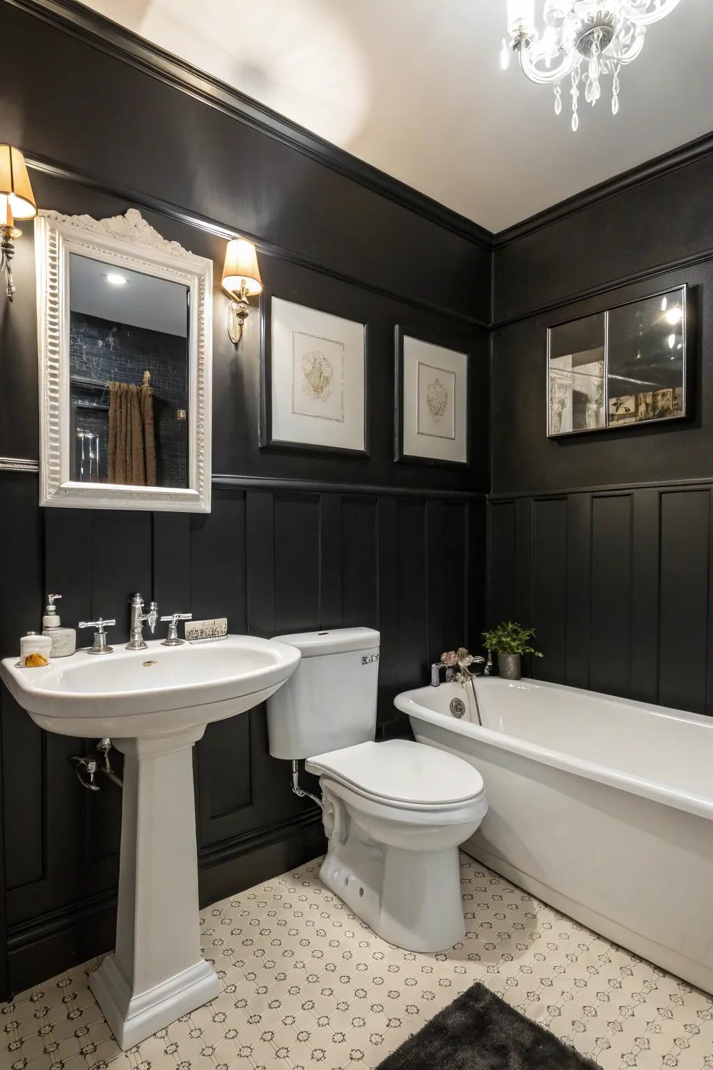 Black walls create a bold and dramatic bathroom statement.