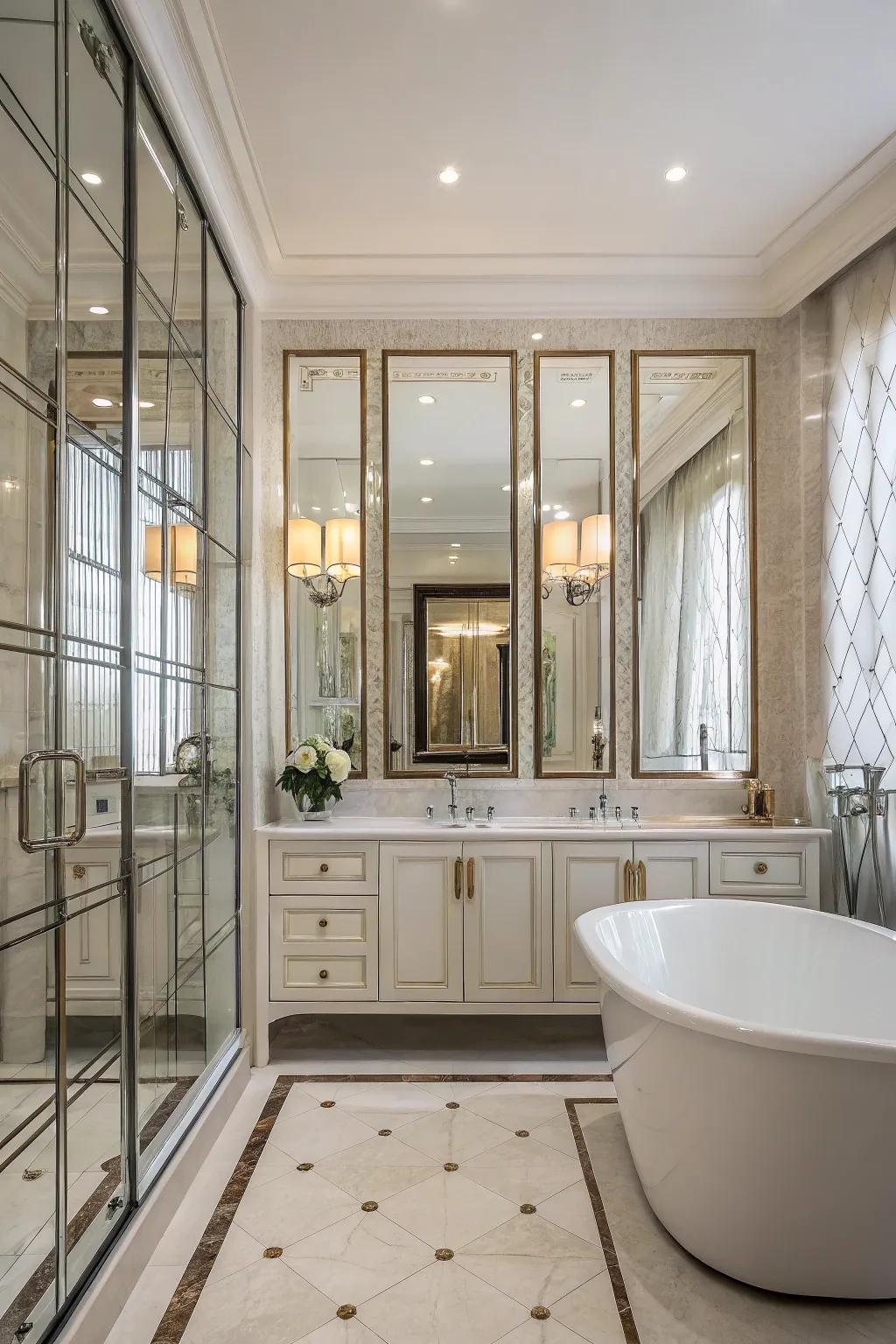 Enhance your bathroom's sense of space with mirrored panels around the bathtub.