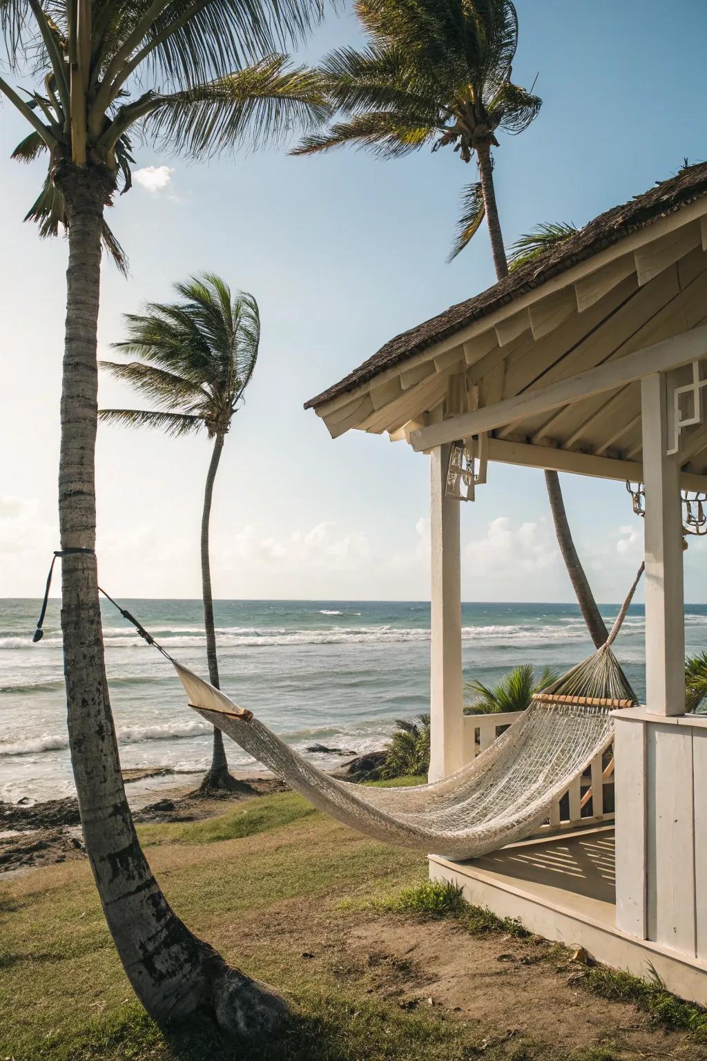 A hammock near the beach shed offers a perfect spot to unwind.