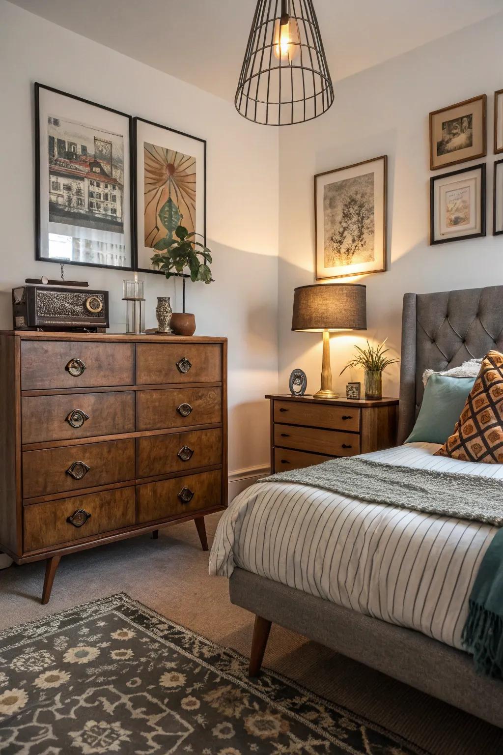 Vintage elements add character and depth to bedroom design.