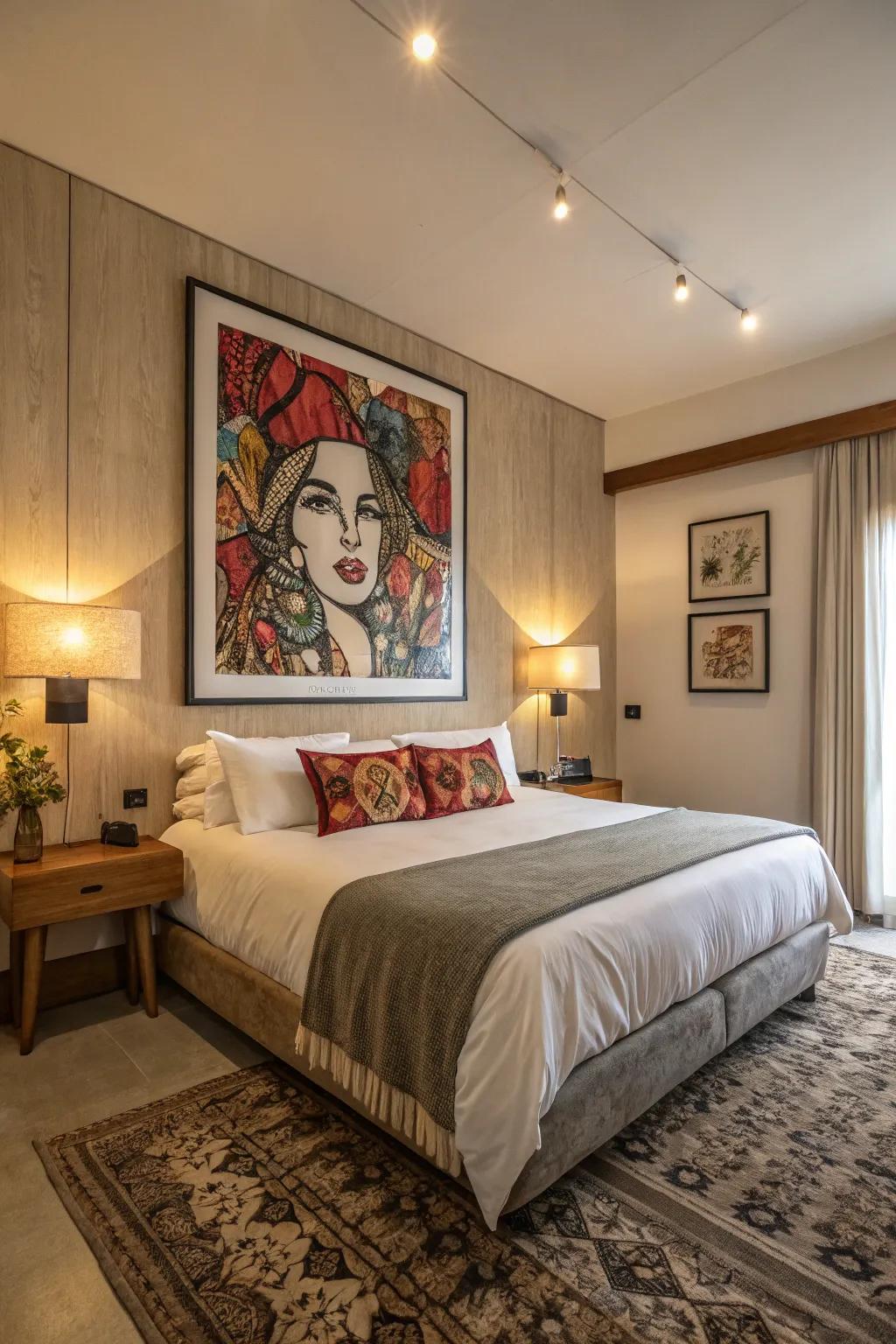 Bold artwork adds color and personality to this stylish bedroom.