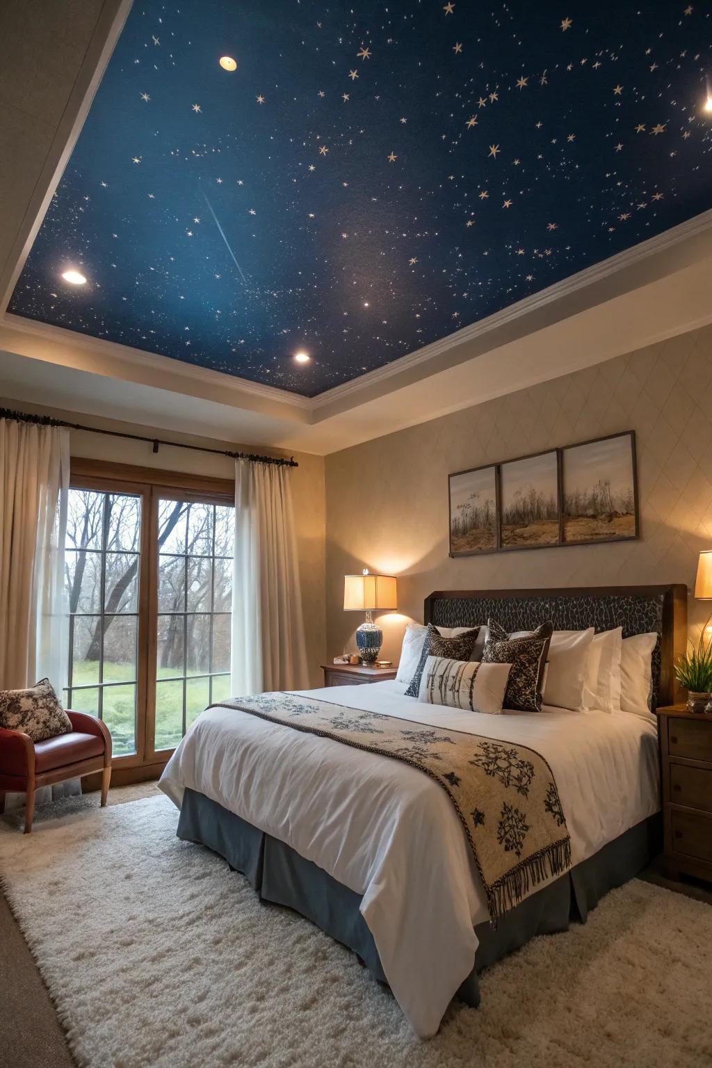 A bedroom that surprises with a bold feature ceiling.