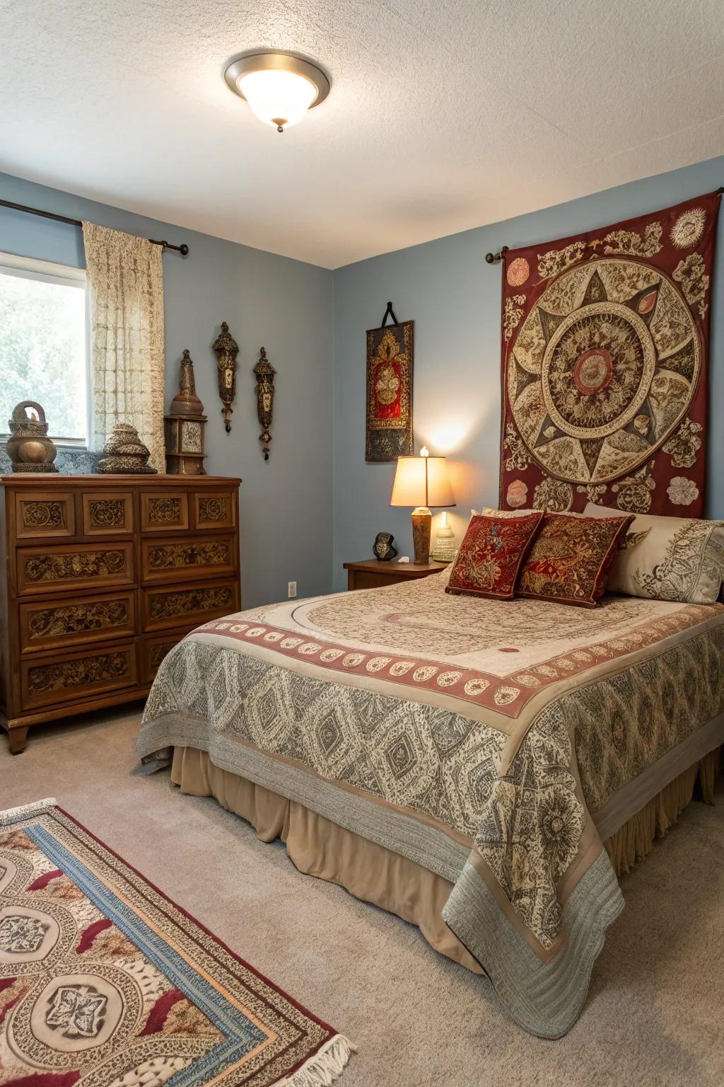 Cultural elements add depth and character to a beige carpeted bedroom.