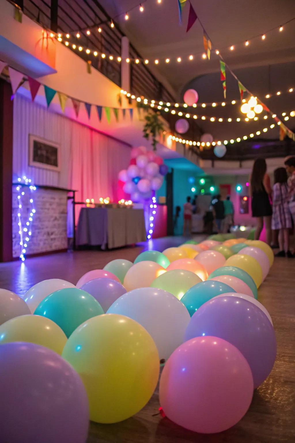 Glowing balloons add a playful party twist.