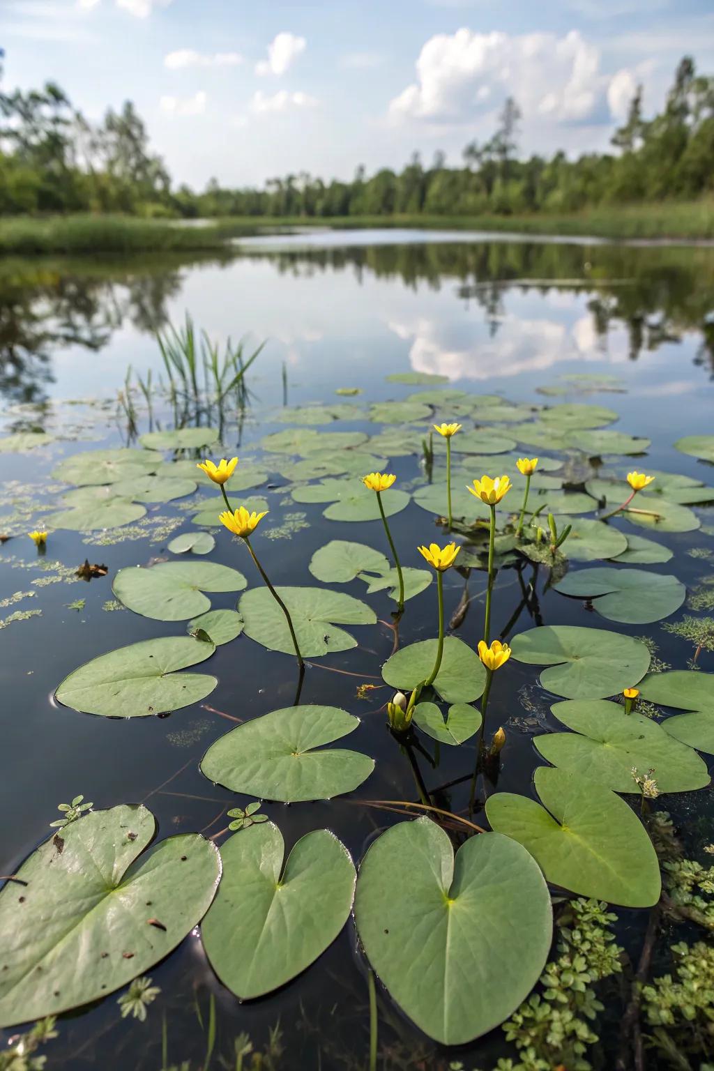 Floating Heart plants add a whimsical and delicate touch to the pond.