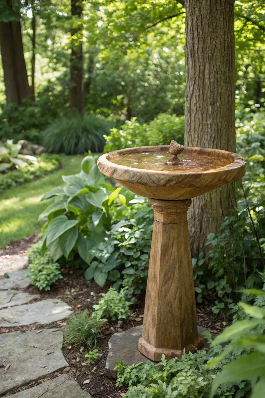 A natural wood finish bird bath blending seamlessly into the garden's organic setting.