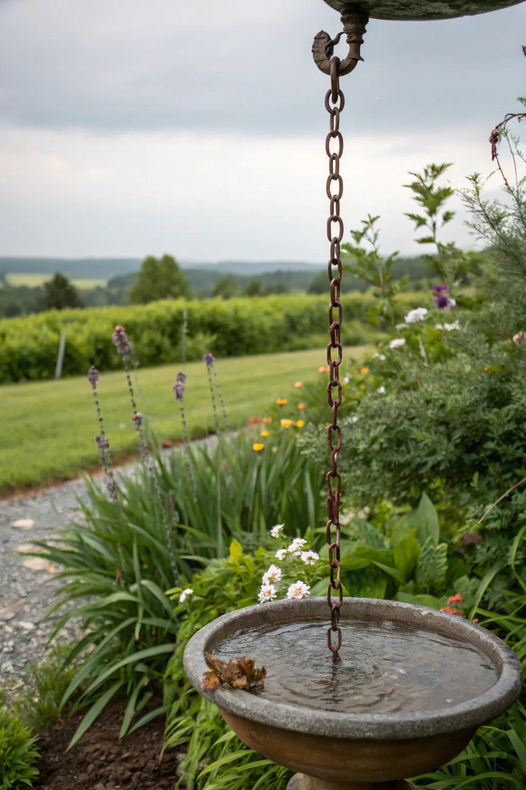 A rain chain bird bath creating a soothing water cascade.