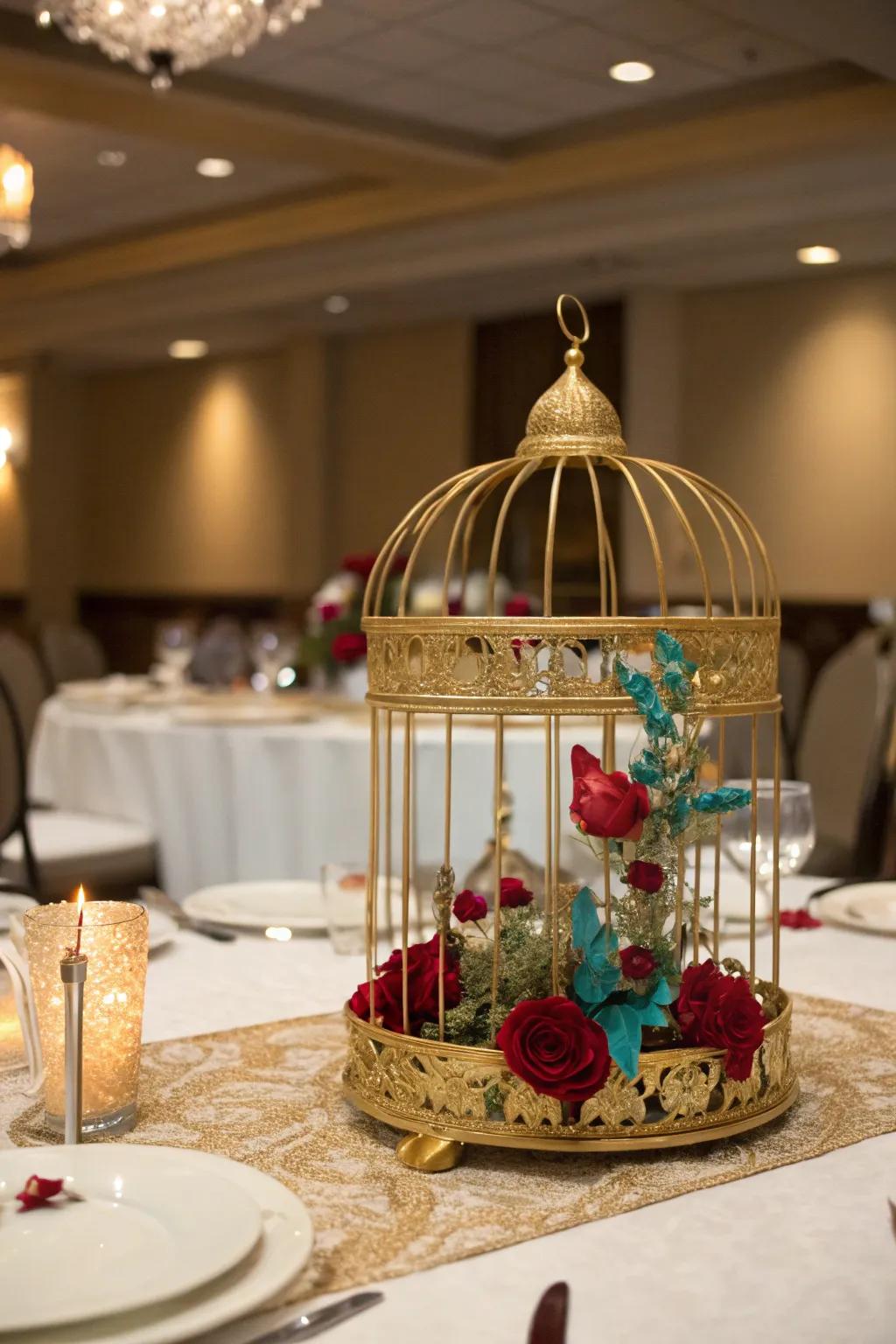 A glamorous gold bird cage centerpiece with luxurious details.