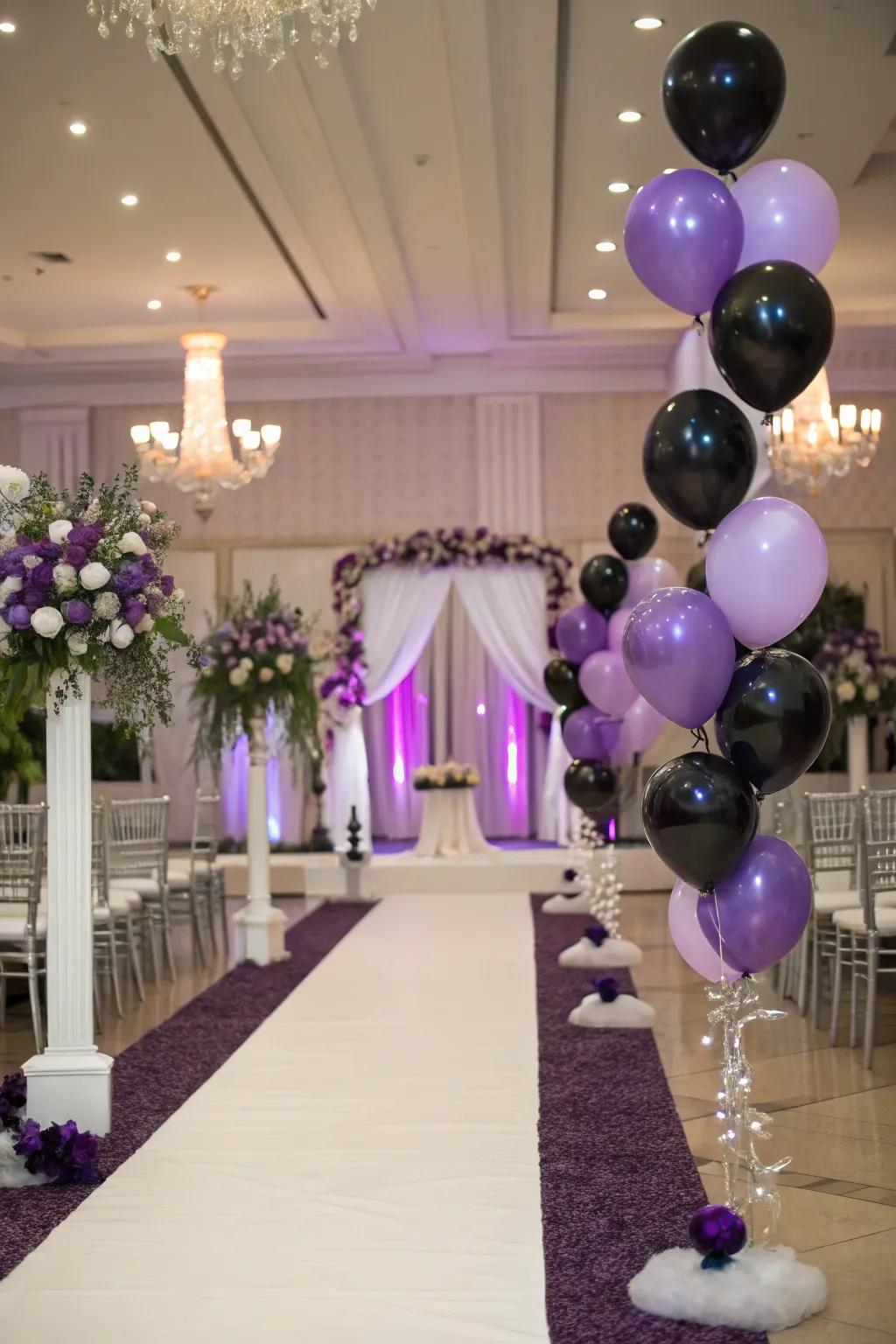 Playful balloon accents in purple and black.